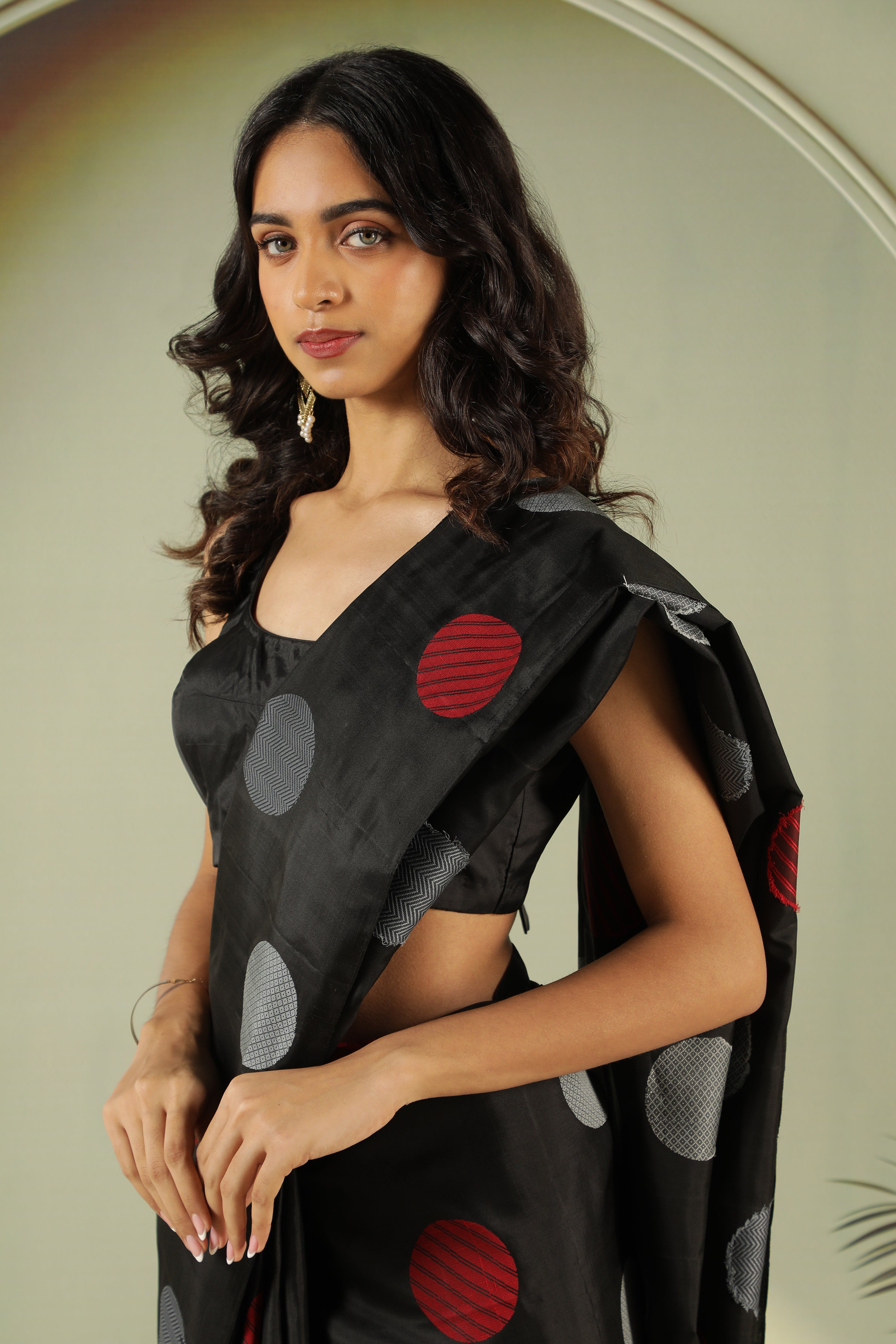 Black Soft Silk Saree with Silver Grey & Red Butta