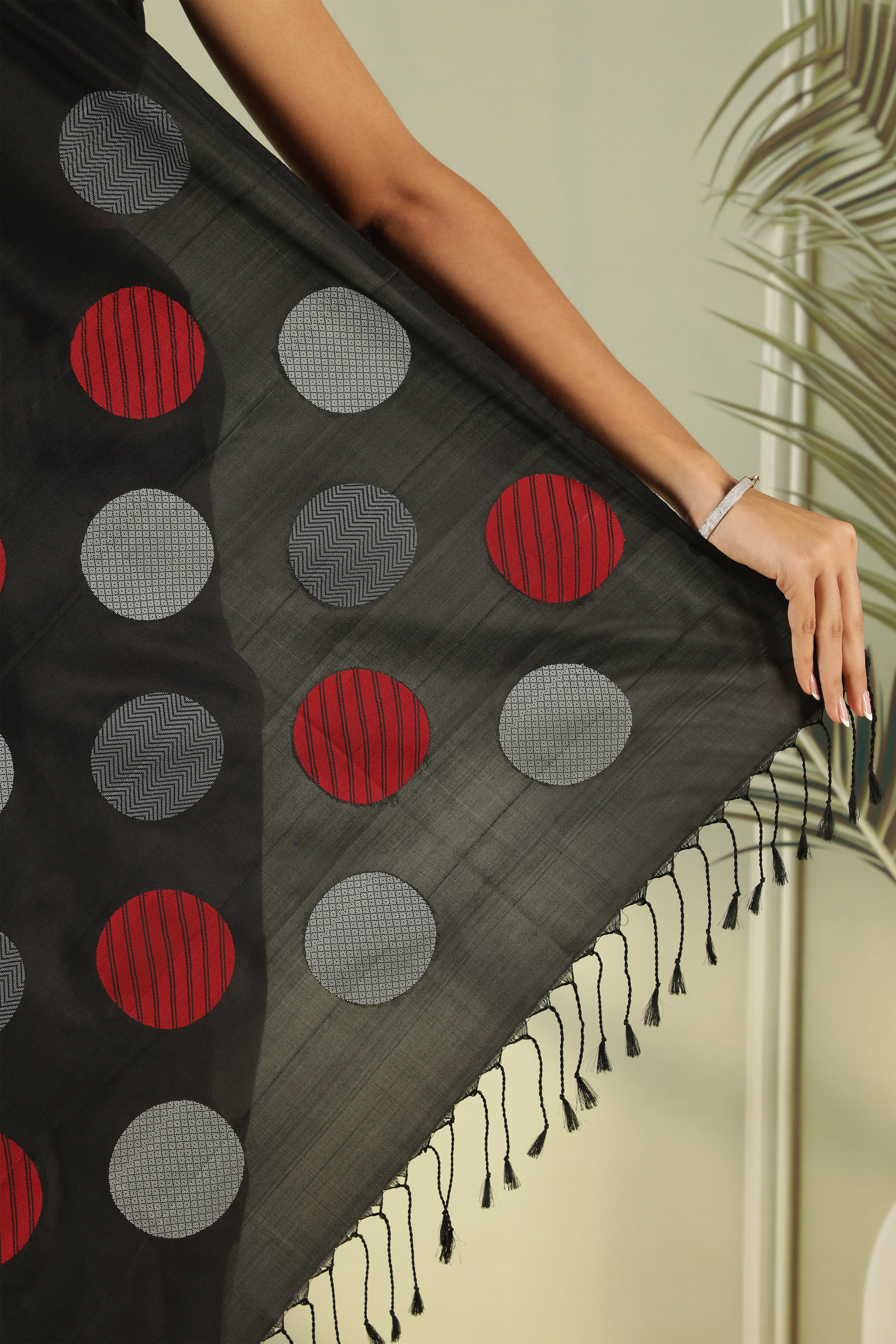 Black Soft Silk Saree with Silver Grey & Red Butta