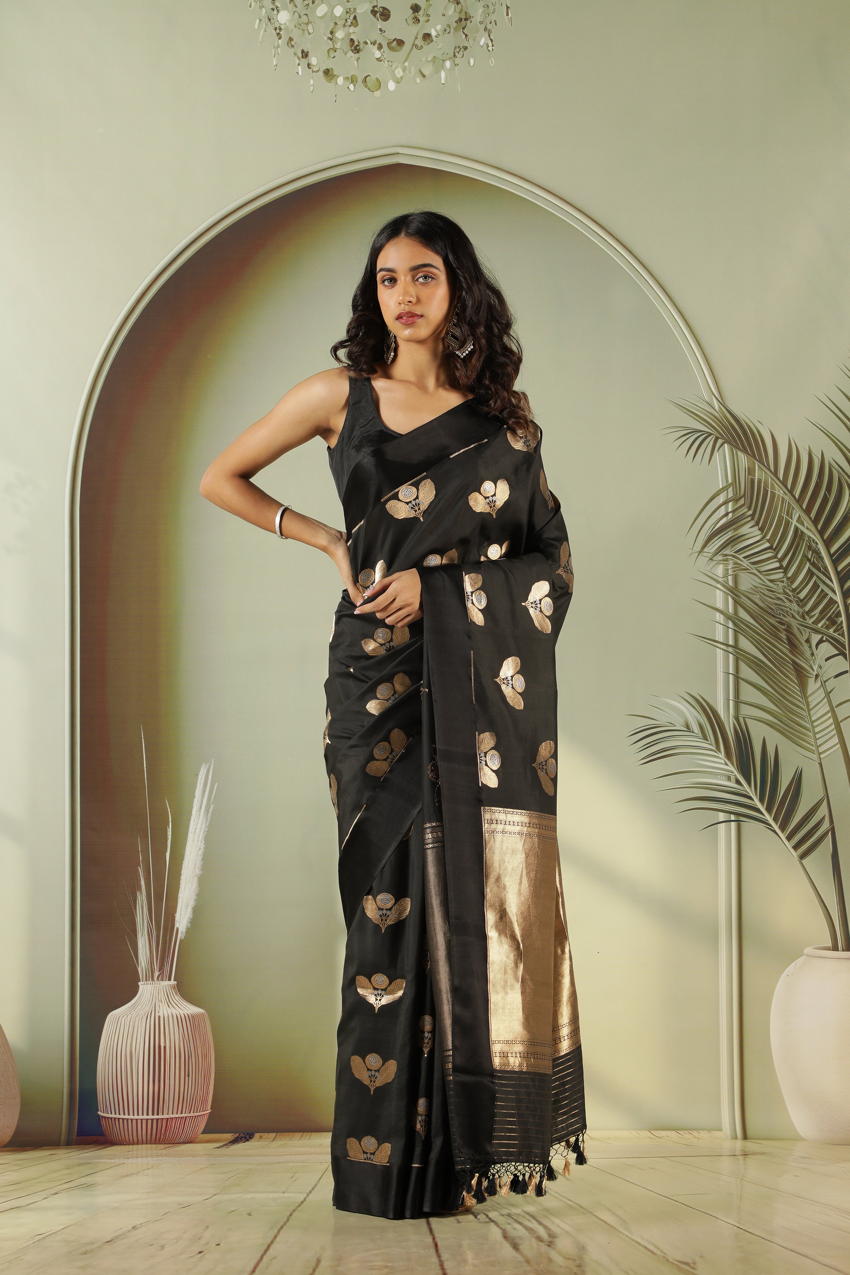 Black Banarasi Silk Saree with Fancy Butta & Satin Border