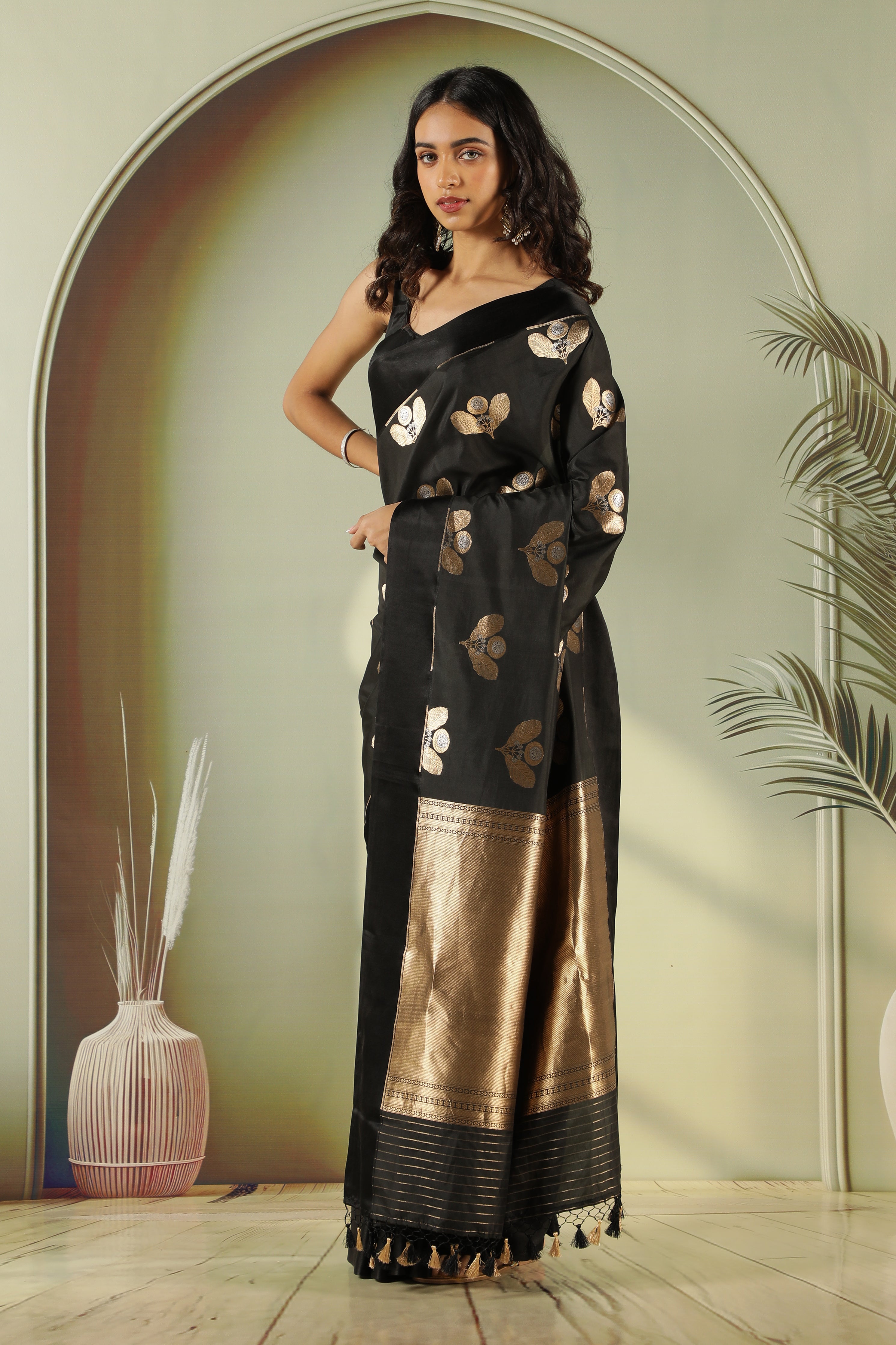 Black Banarasi Silk Saree with Fancy Butta & Satin Border