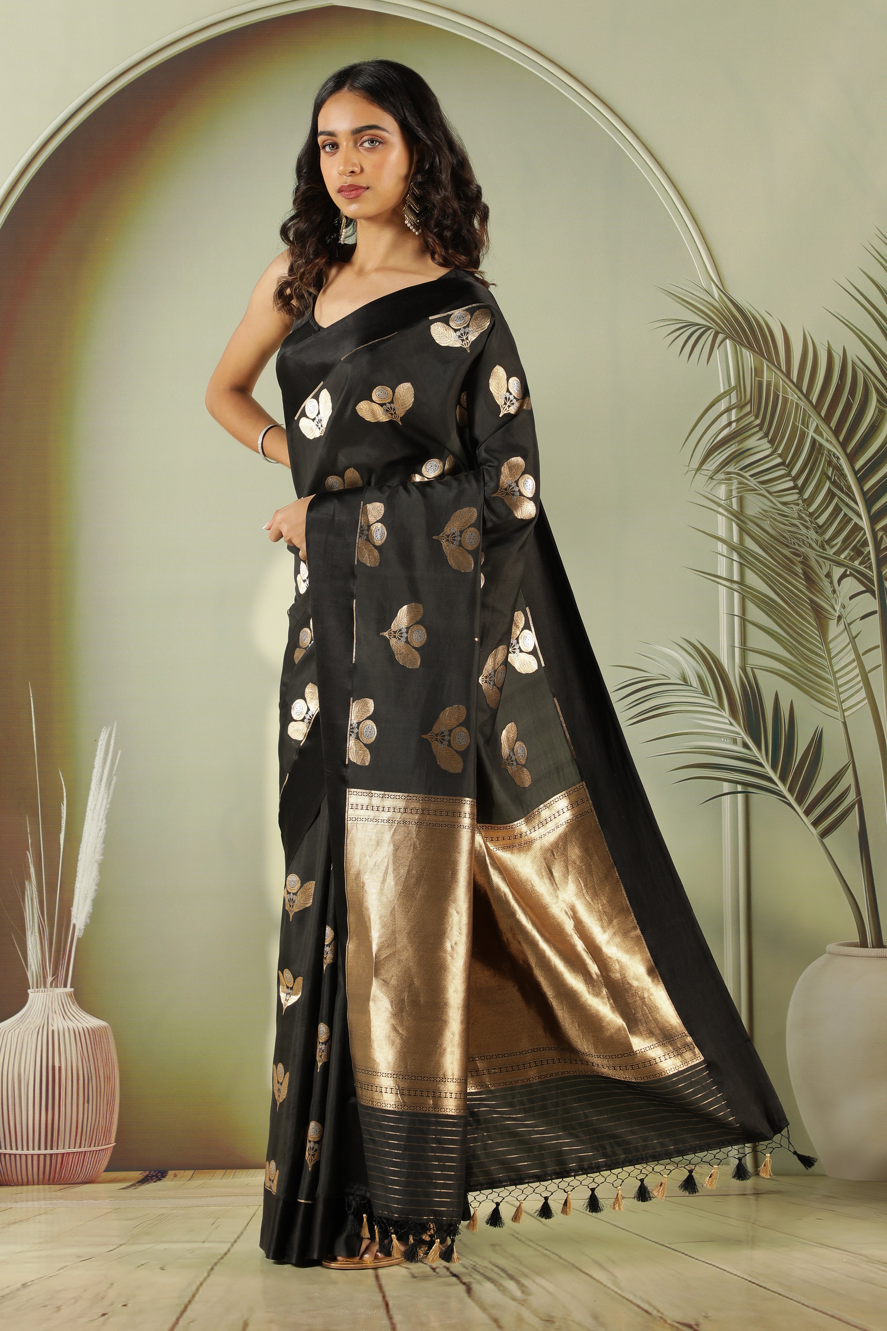 Black Banarasi Silk Saree with Fancy Butta & Satin Border