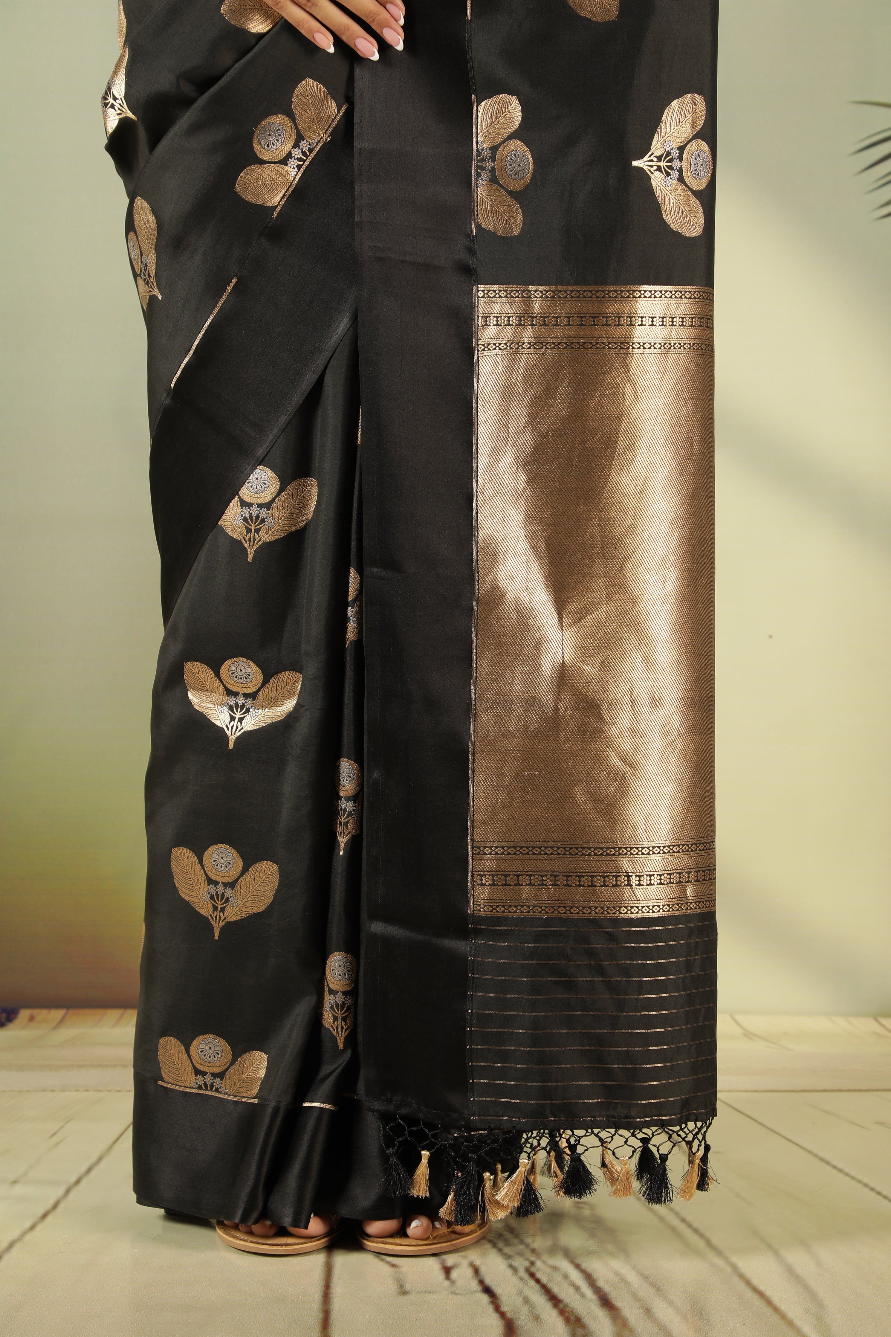 Black Banarasi Silk Saree with Fancy Butta & Satin Border