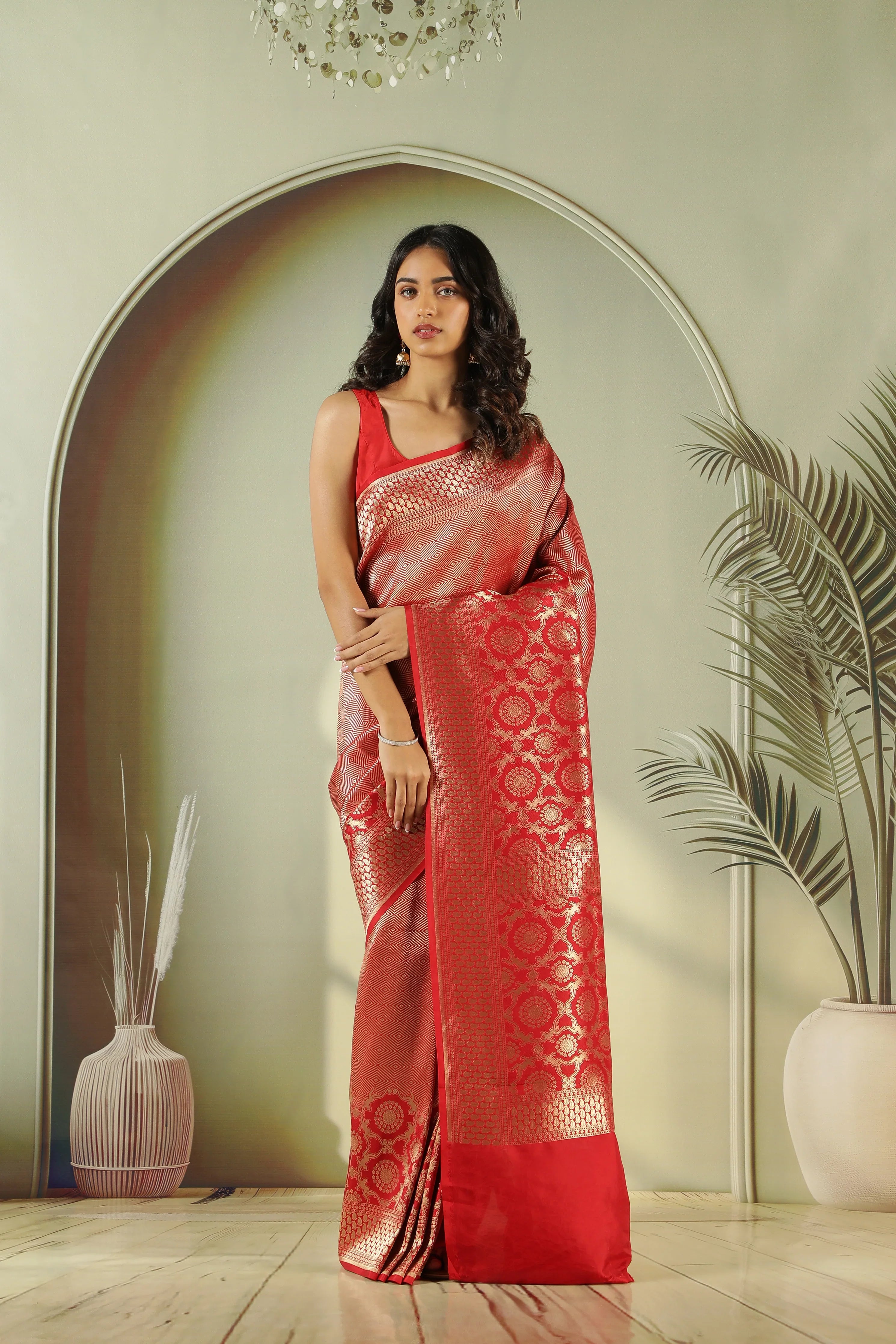 Red Banarasi Silk Saree with Self Zari Weaving & Long Border - Mokshaa