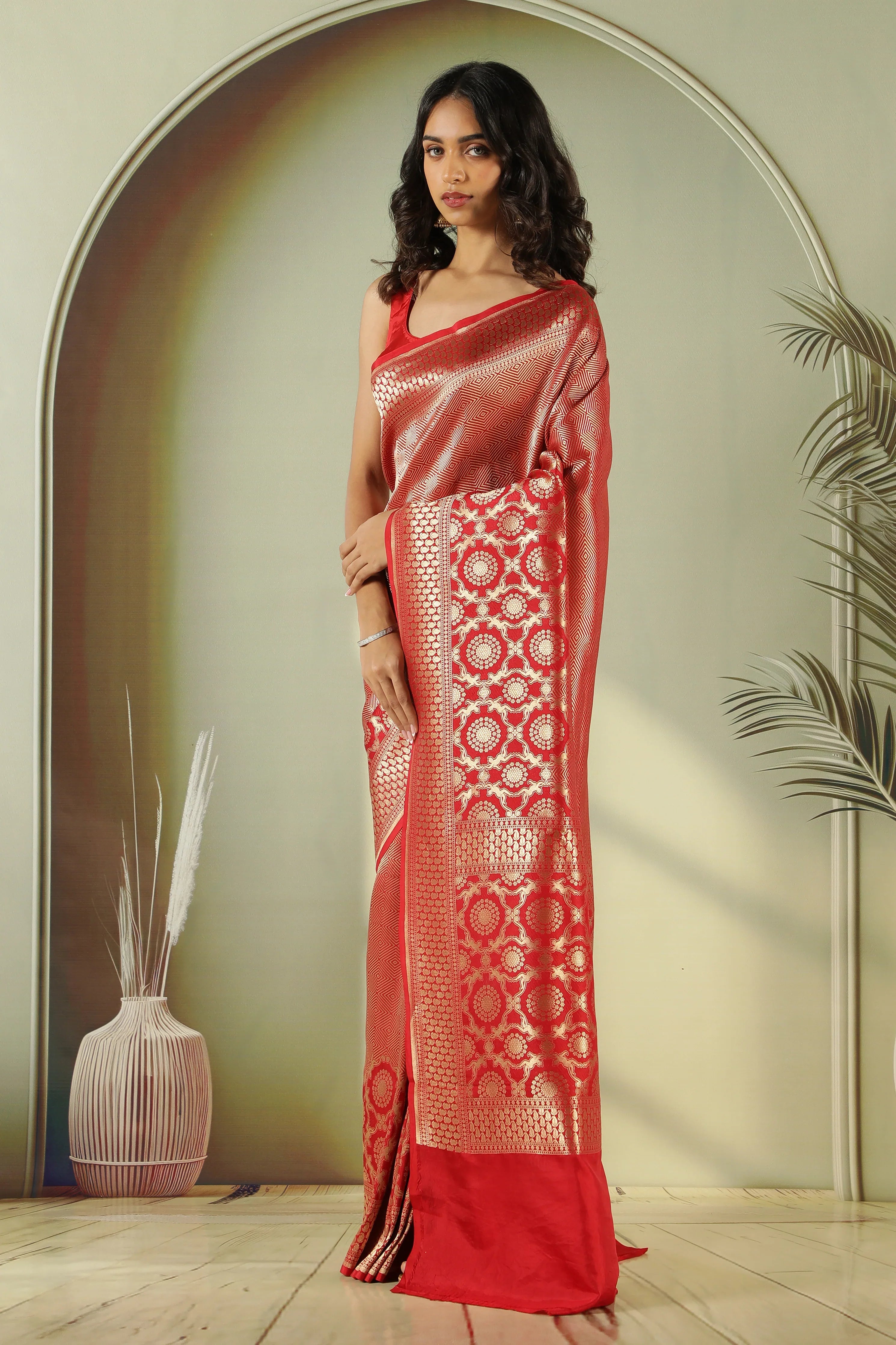 Red Banarasi Silk Saree with Self Zari Weaving & Long Border - Mokshaa