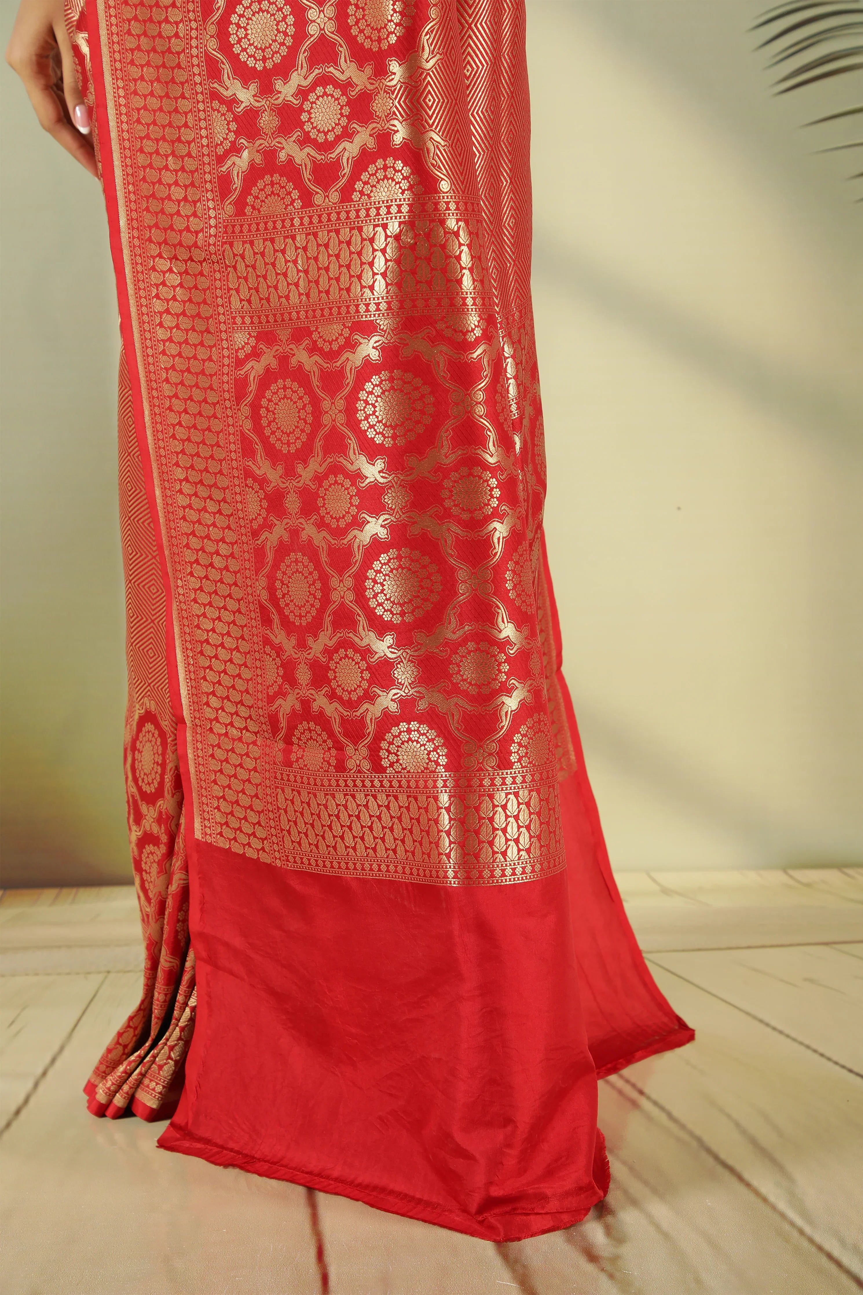 Red Banarasi Silk Saree with Self Zari Weaving & Long Border - Mokshaa