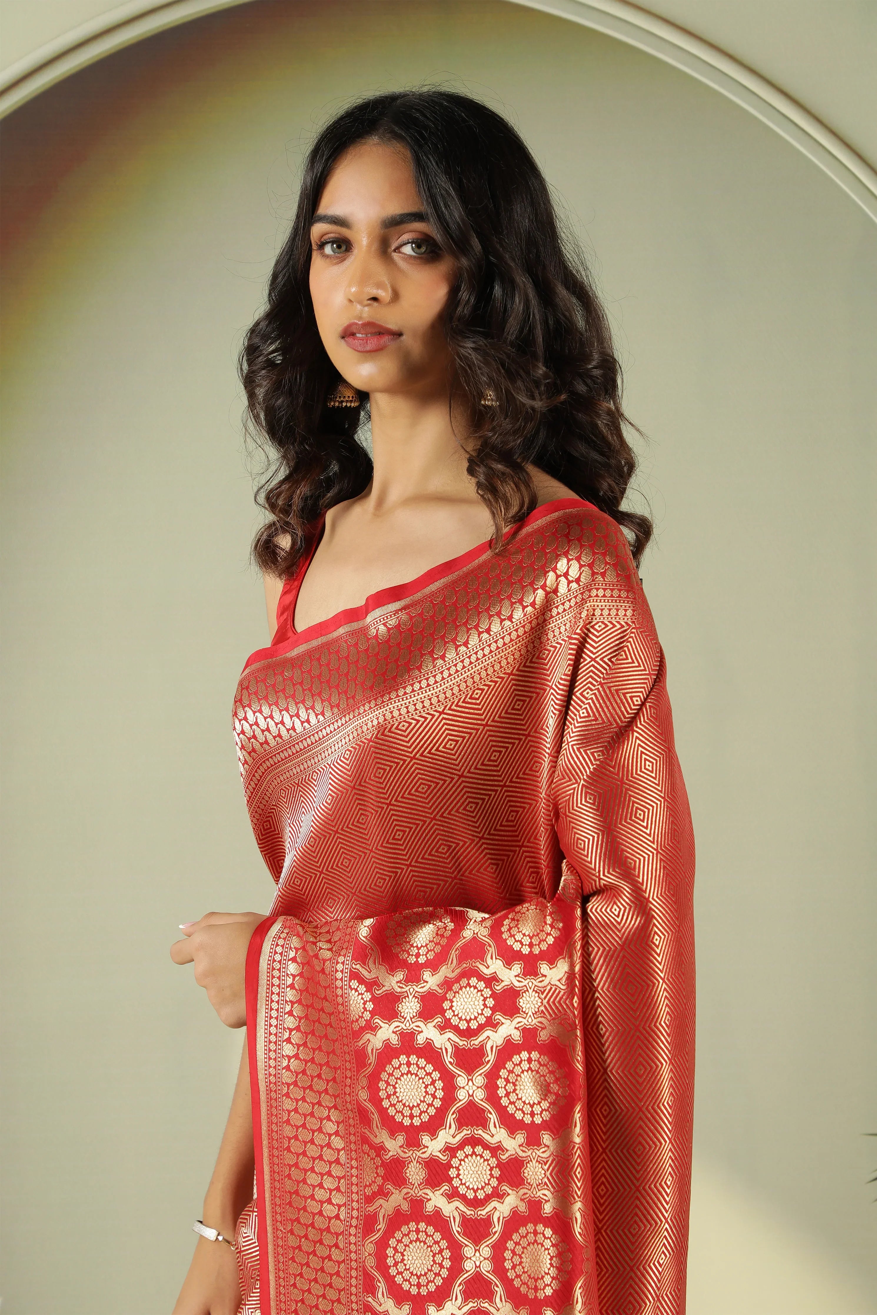 Red Banarasi Silk Saree with Self Zari Weaving & Long Border - Mokshaa