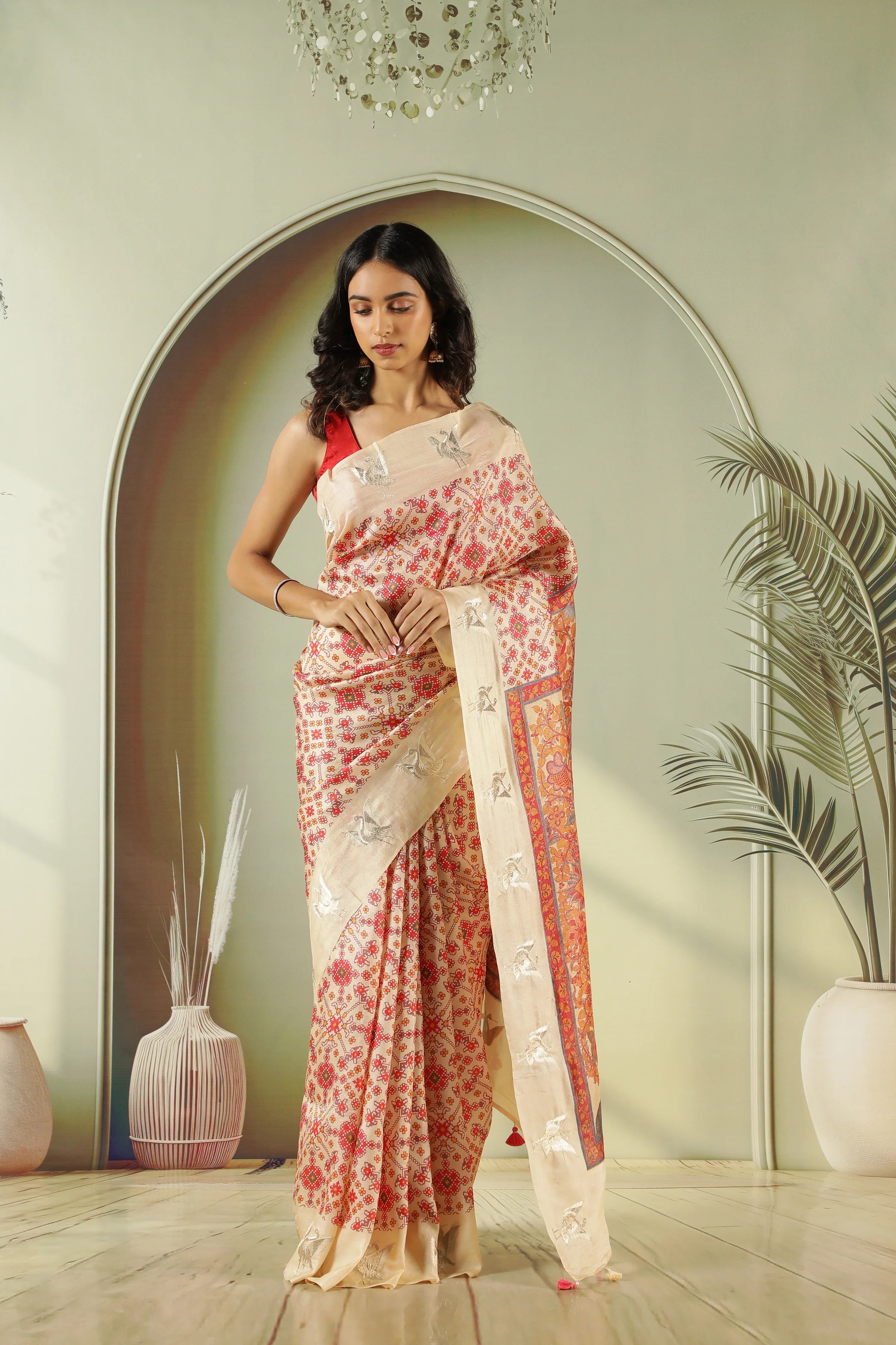 Cream Tussar Silk Saree with Ikat Print & Zari Butti Border | Mokshaa