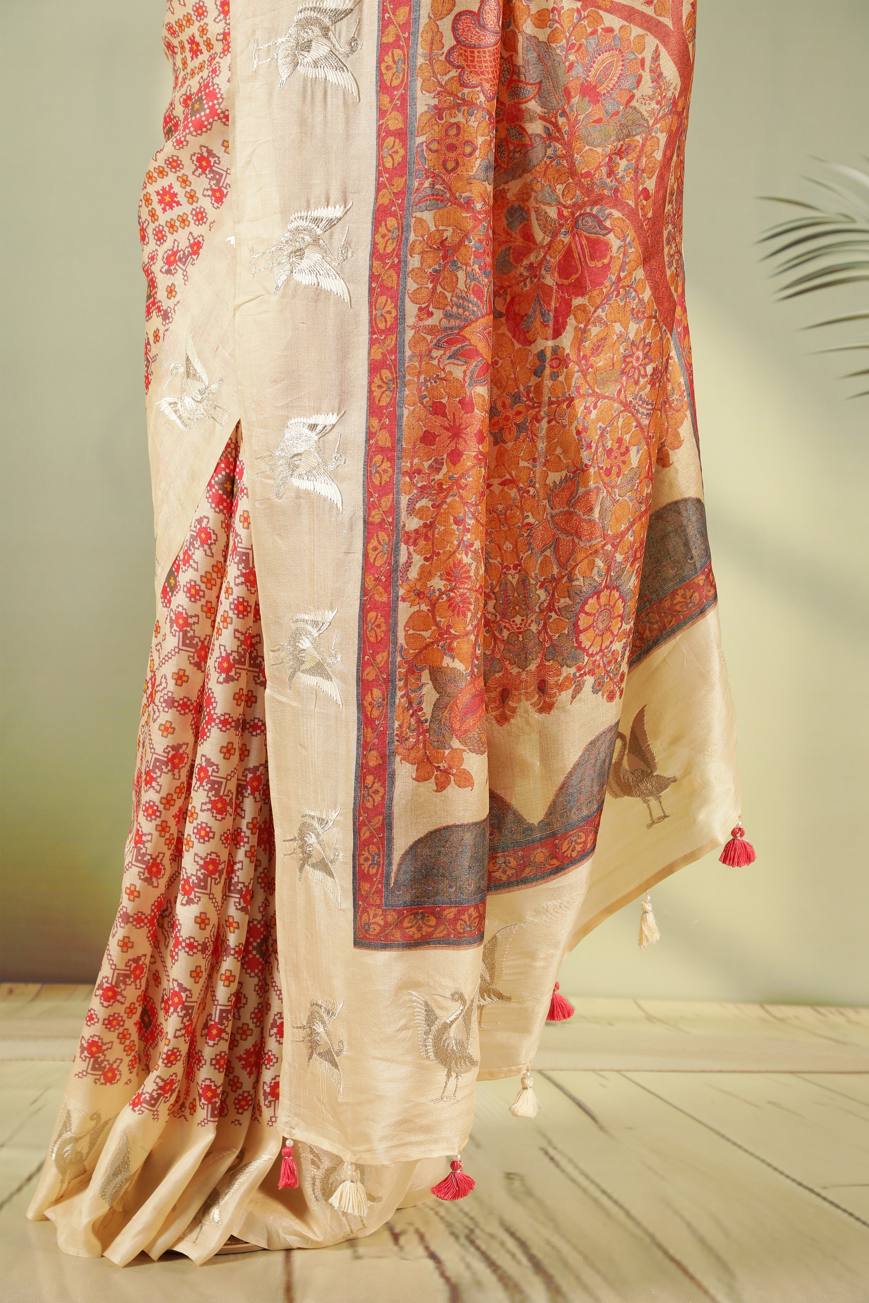 Cream Tussar Silk Saree with Ikat Print & Zari Butti Border