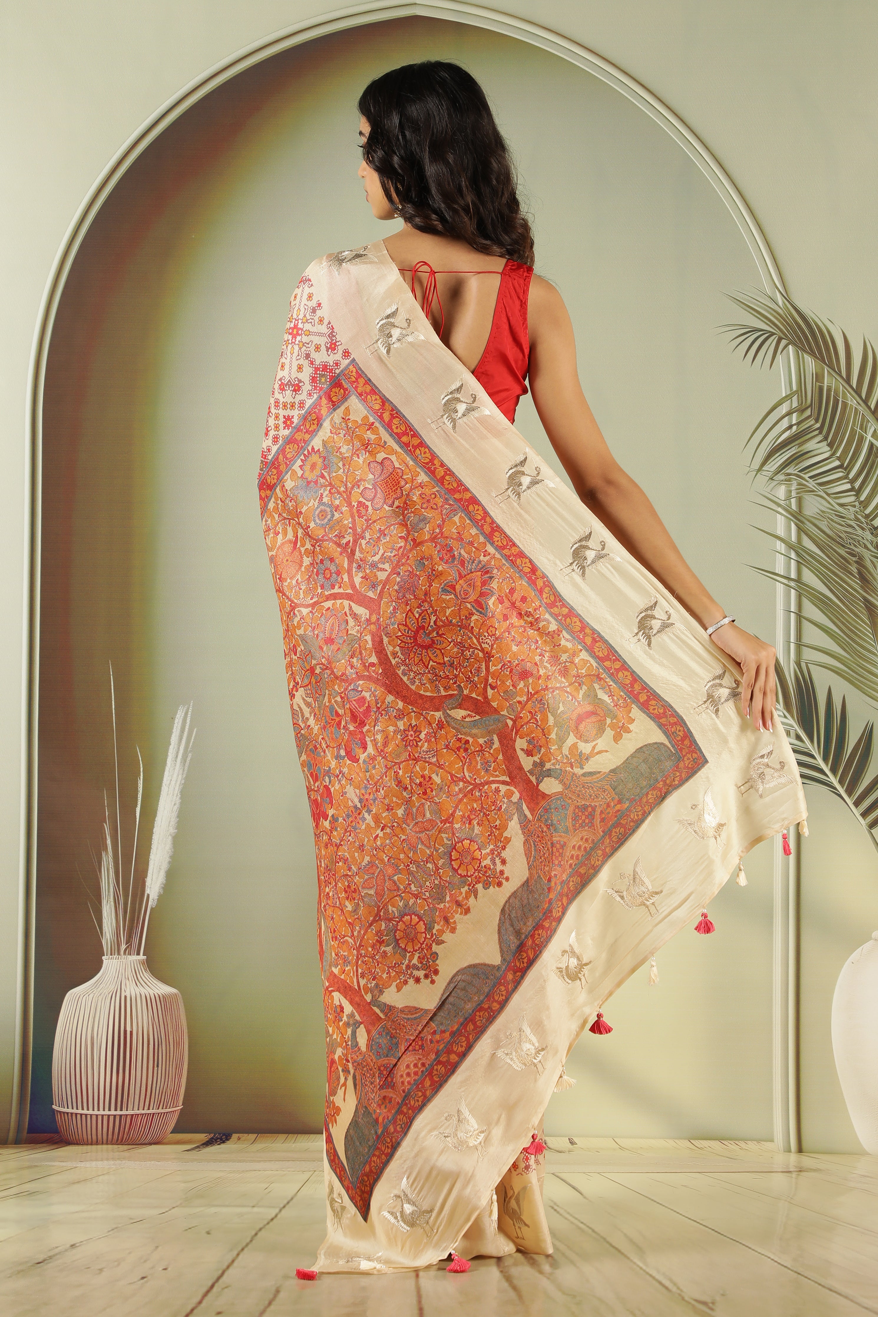 Cream Tussar Silk Saree with Ikat Print & Zari Butti Border
