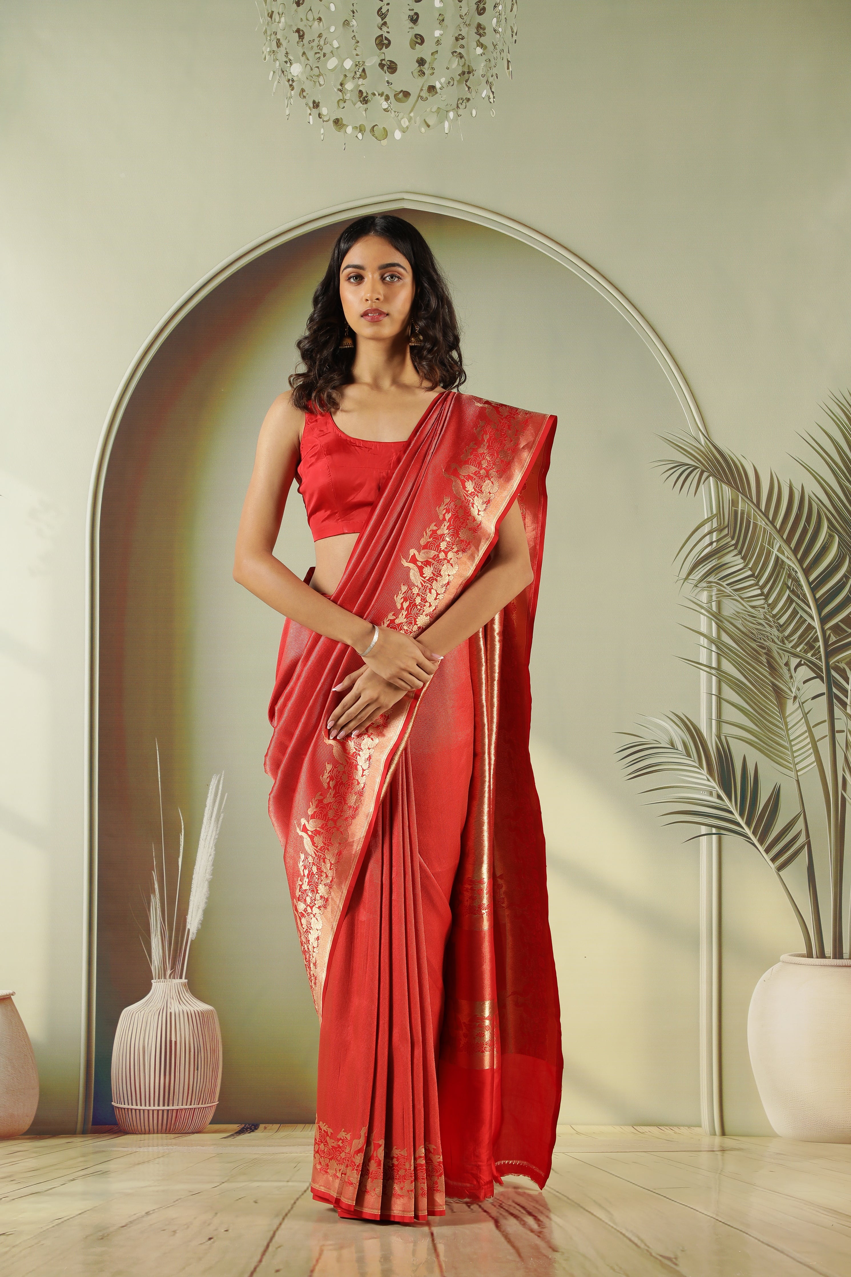 Red Banarasi Silk Saree with Self Zari Weaving & Ornate Fancy Border