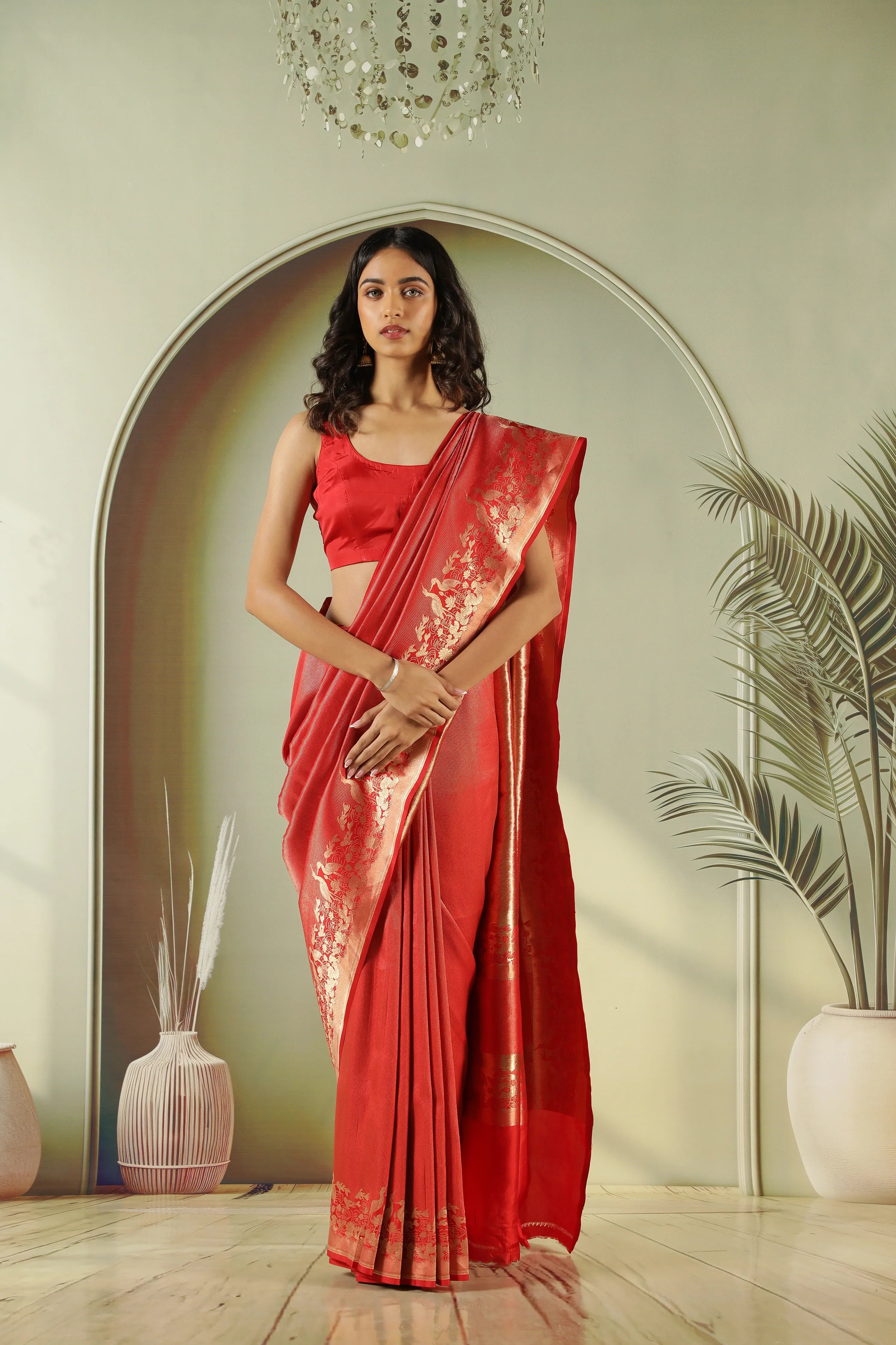 Red Banarasi Silk Saree with Self Zari Weaving & Ornate Fancy Border | Mokshaa
