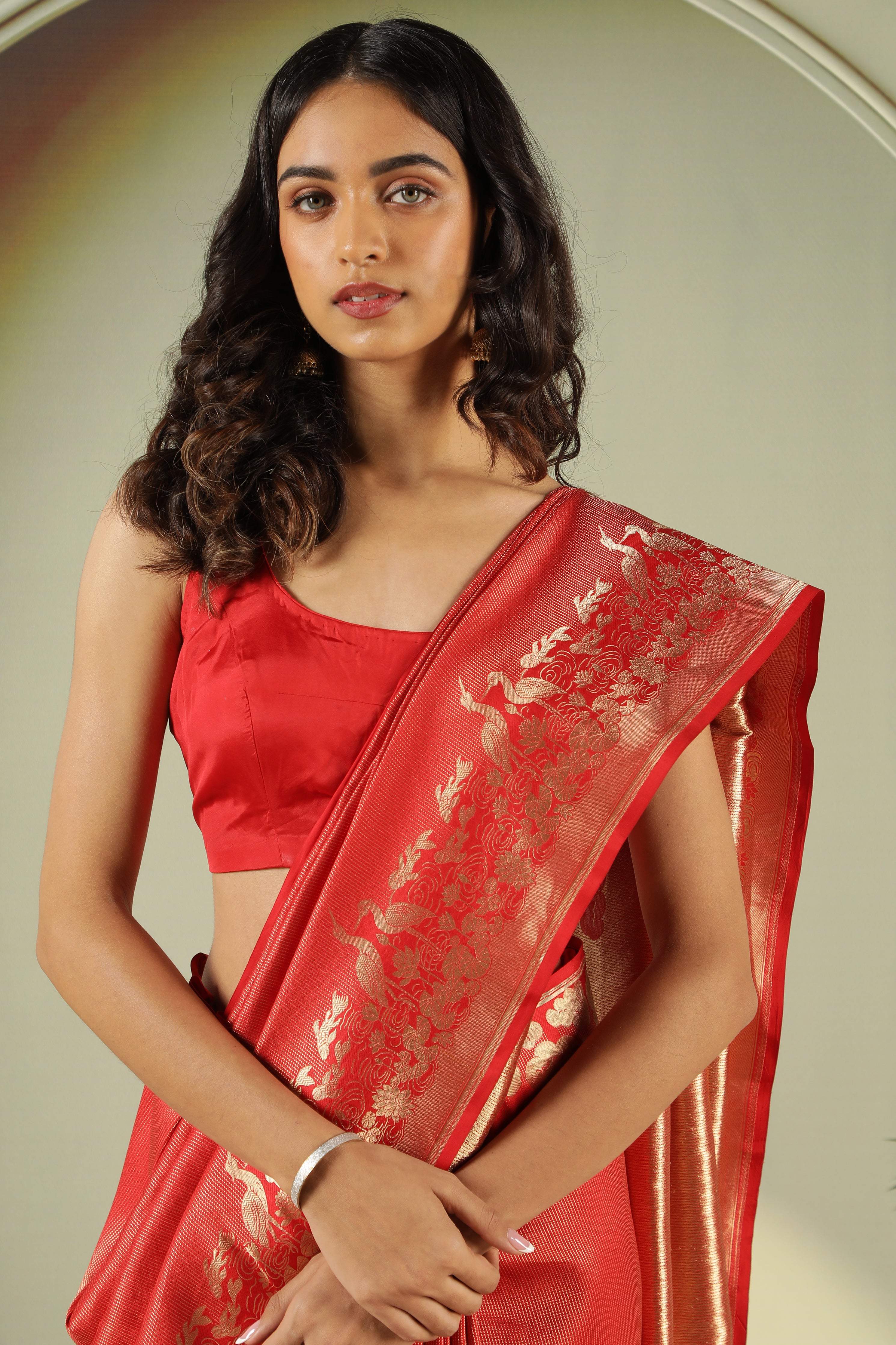 Red Banarasi Silk Saree with Self Zari Weaving & Ornate Fancy Border