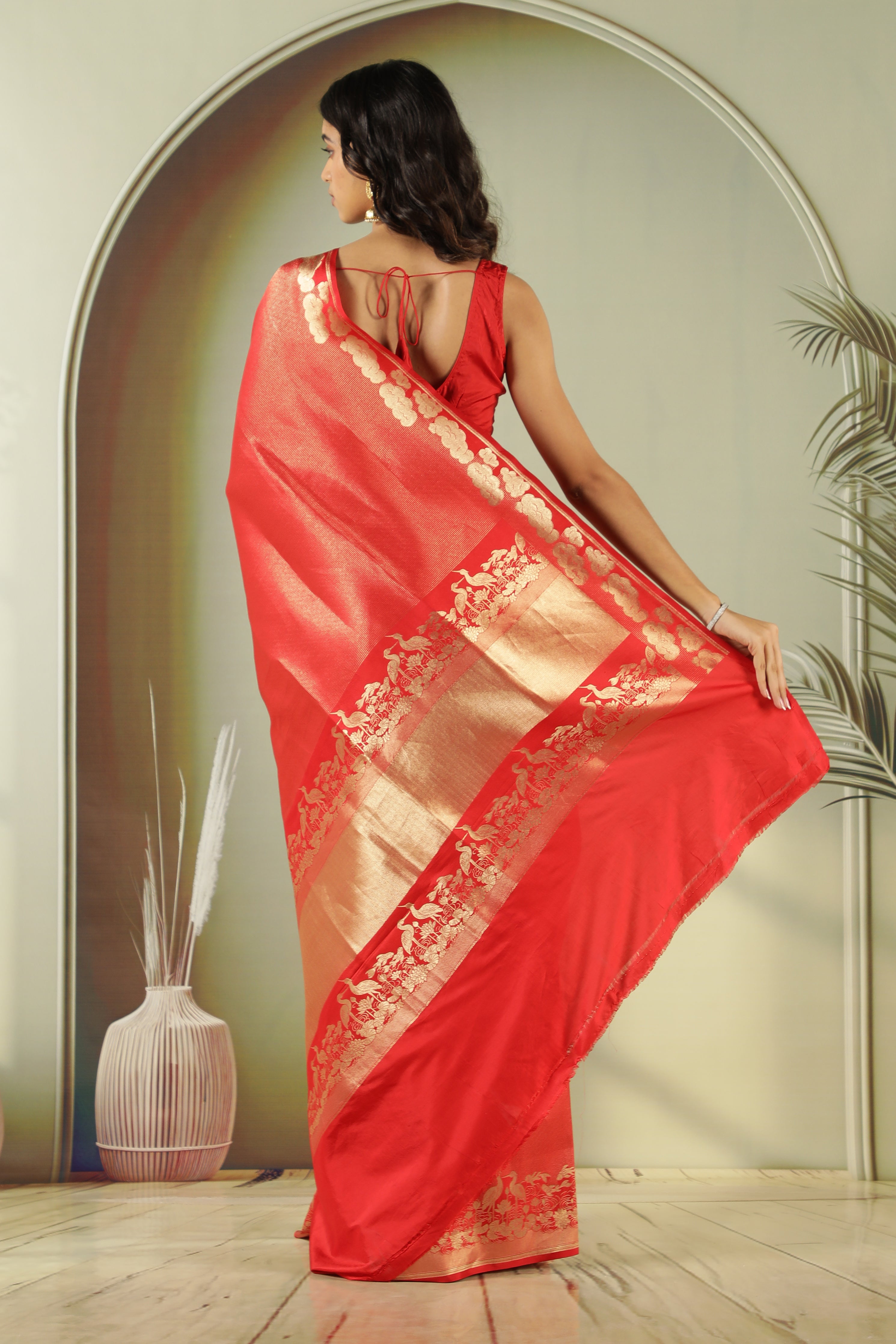 Red Banarasi Silk Saree with Self Zari Weaving & Ornate Fancy Border