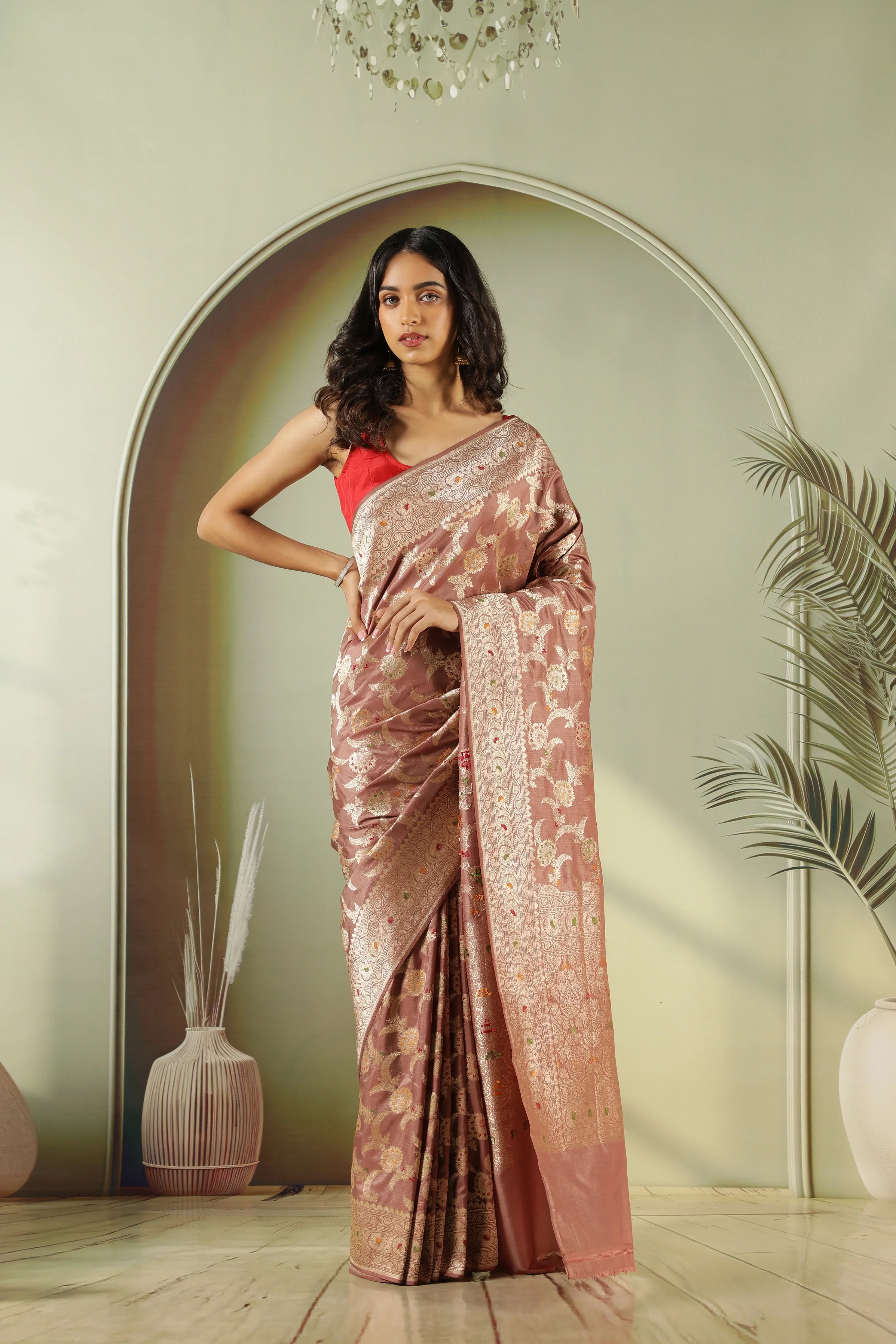 Chikko Banarasi Silk Saree with Meenakari Jaal & Zari Border | Mokshaa