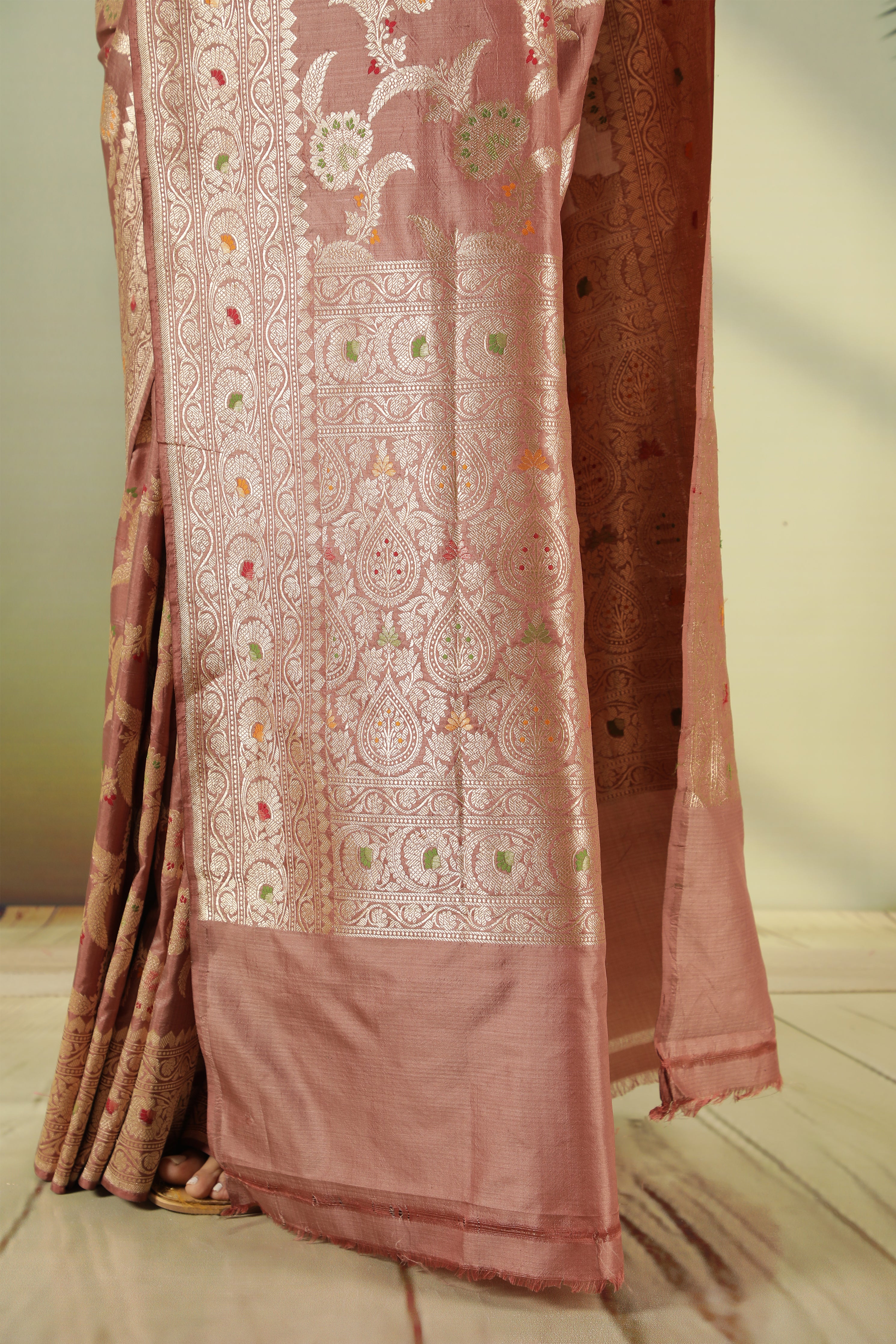 Chikko Banarasi Silk Saree with Meenakari Jaal & Zari Border