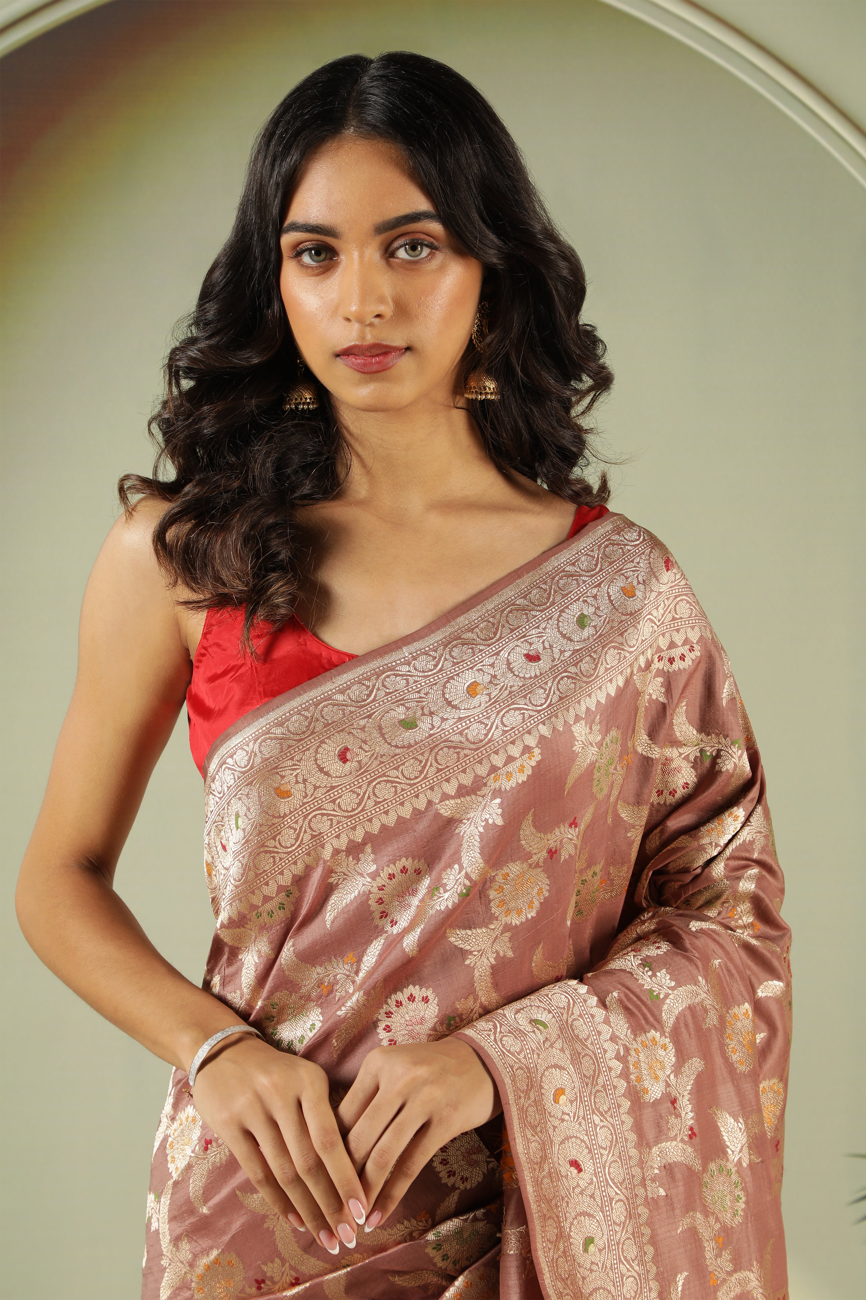 Chikko Banarasi Silk Saree with Meenakari Jaal & Zari Border