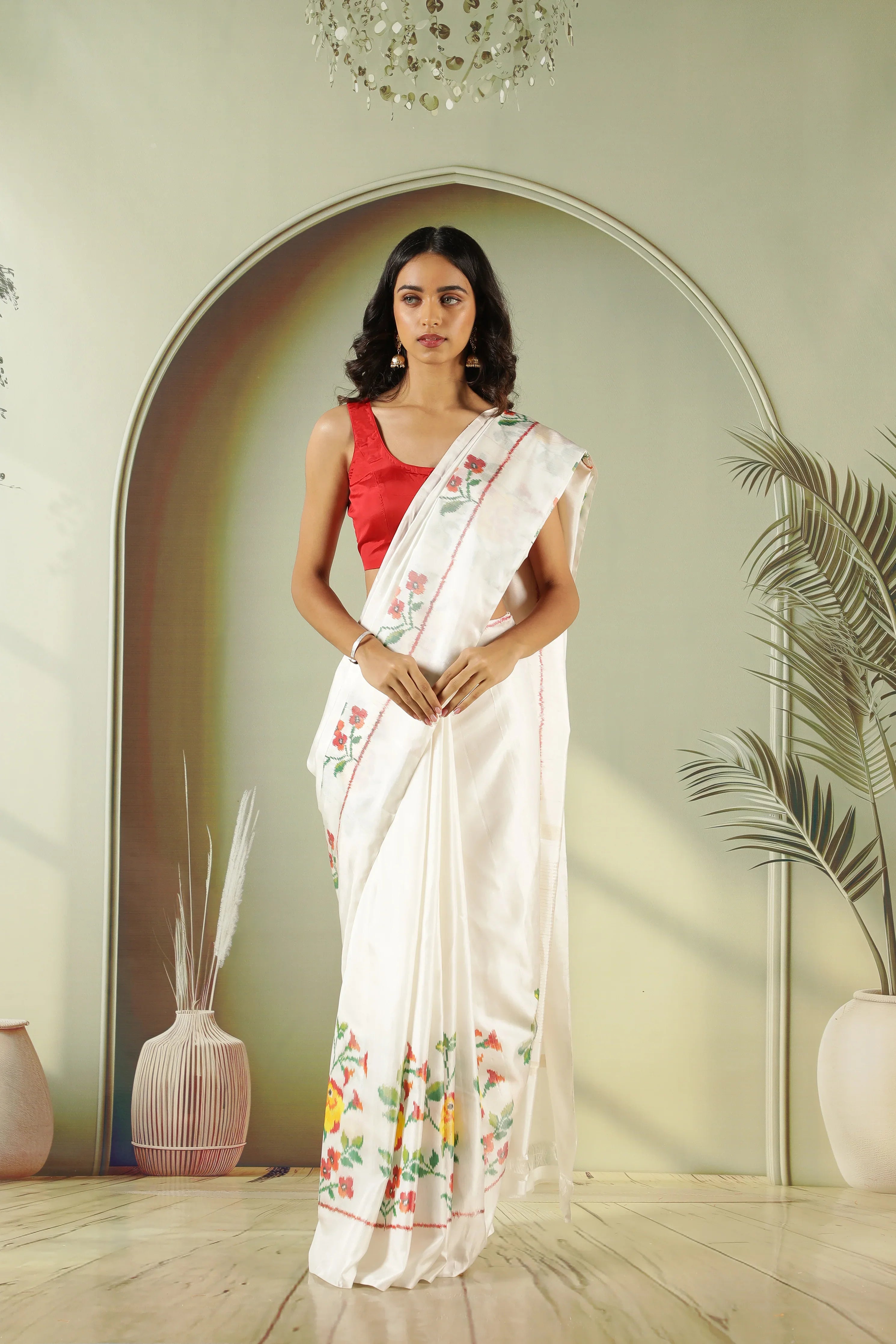 Off White Twill Silk Saree with Pattola Weaving | Mokshaa