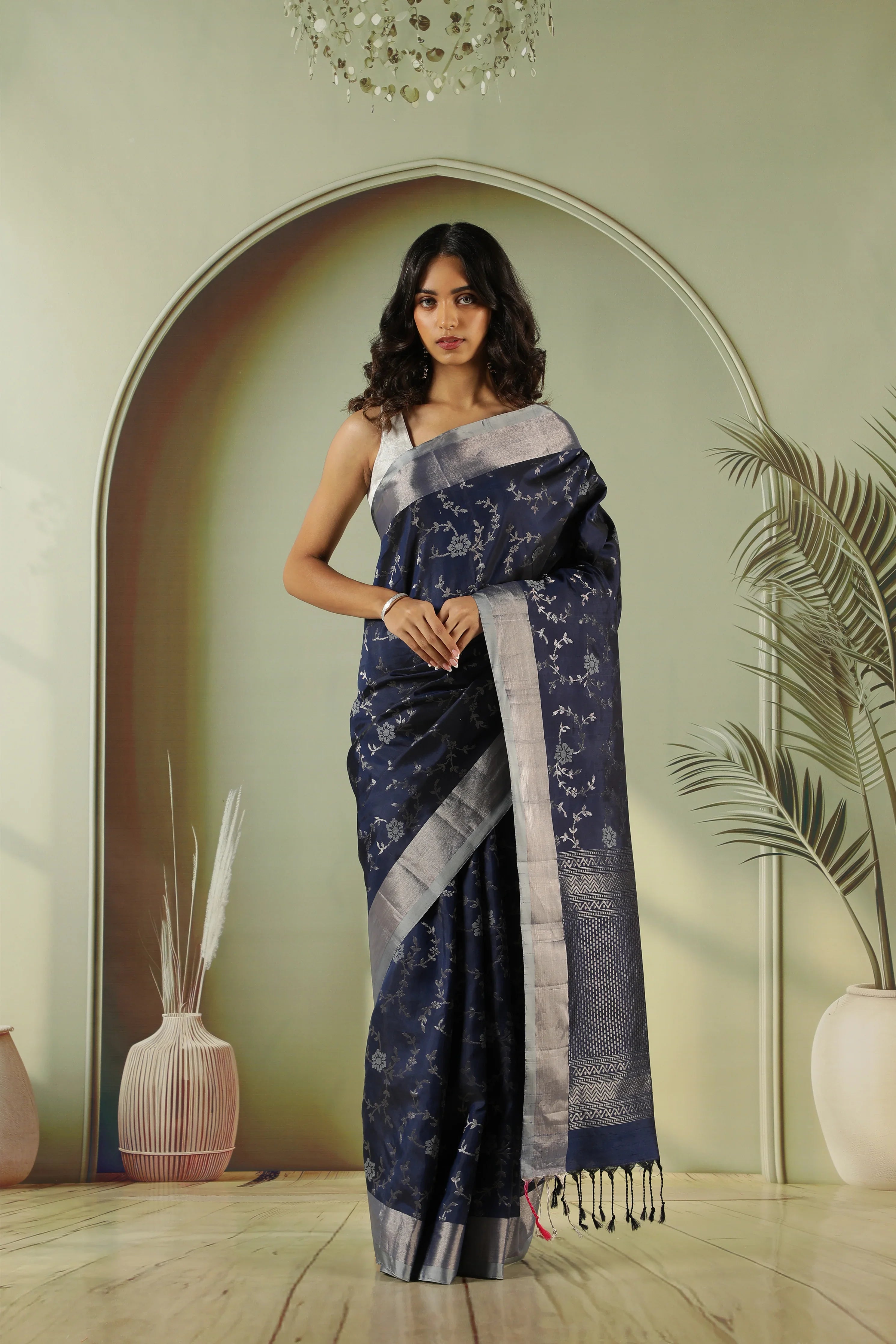 Midnight Blue Soft Silk Saree with Zari Jaal | Mokshaa