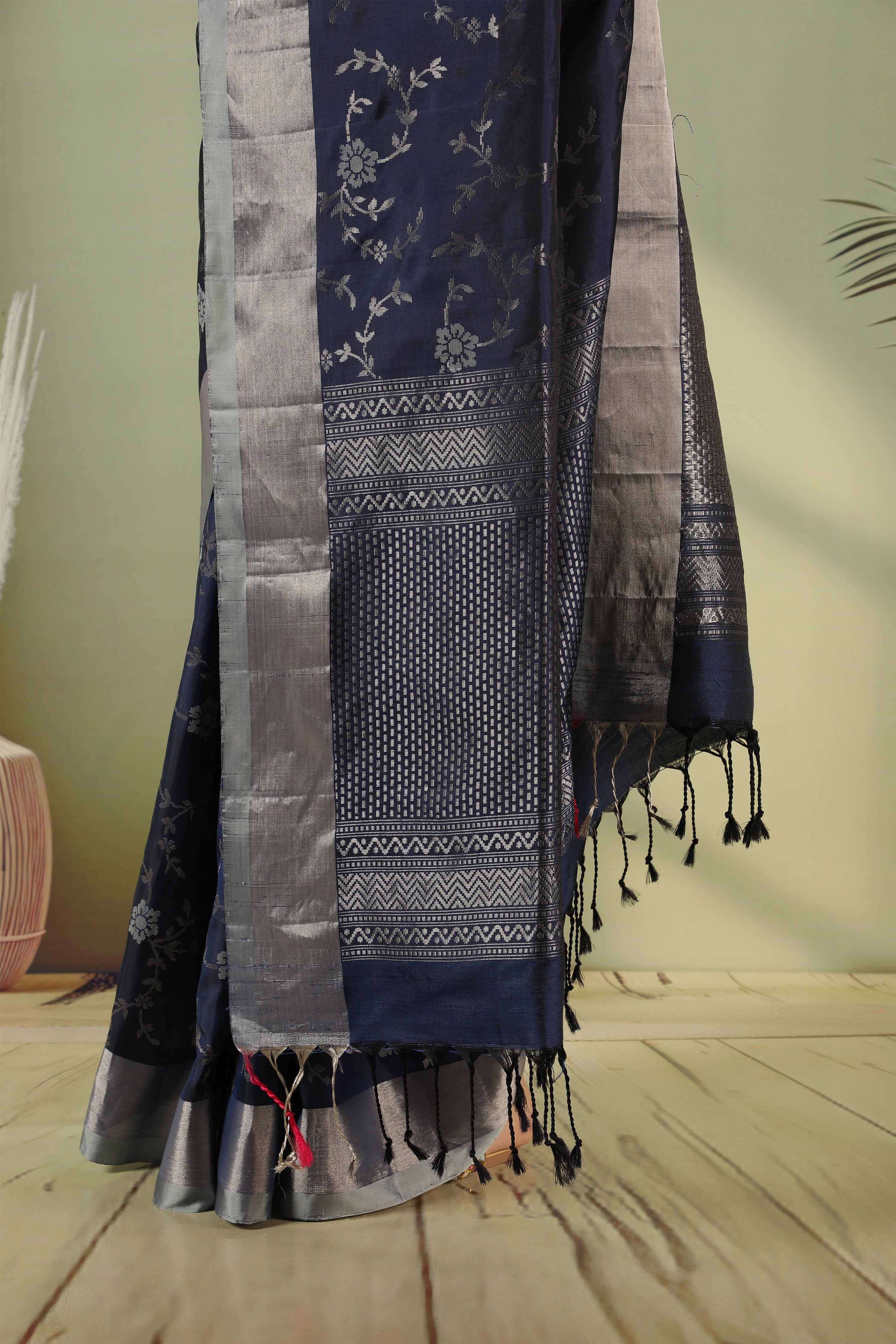 Midnight Blue Soft Silk Saree with Zari Jaal