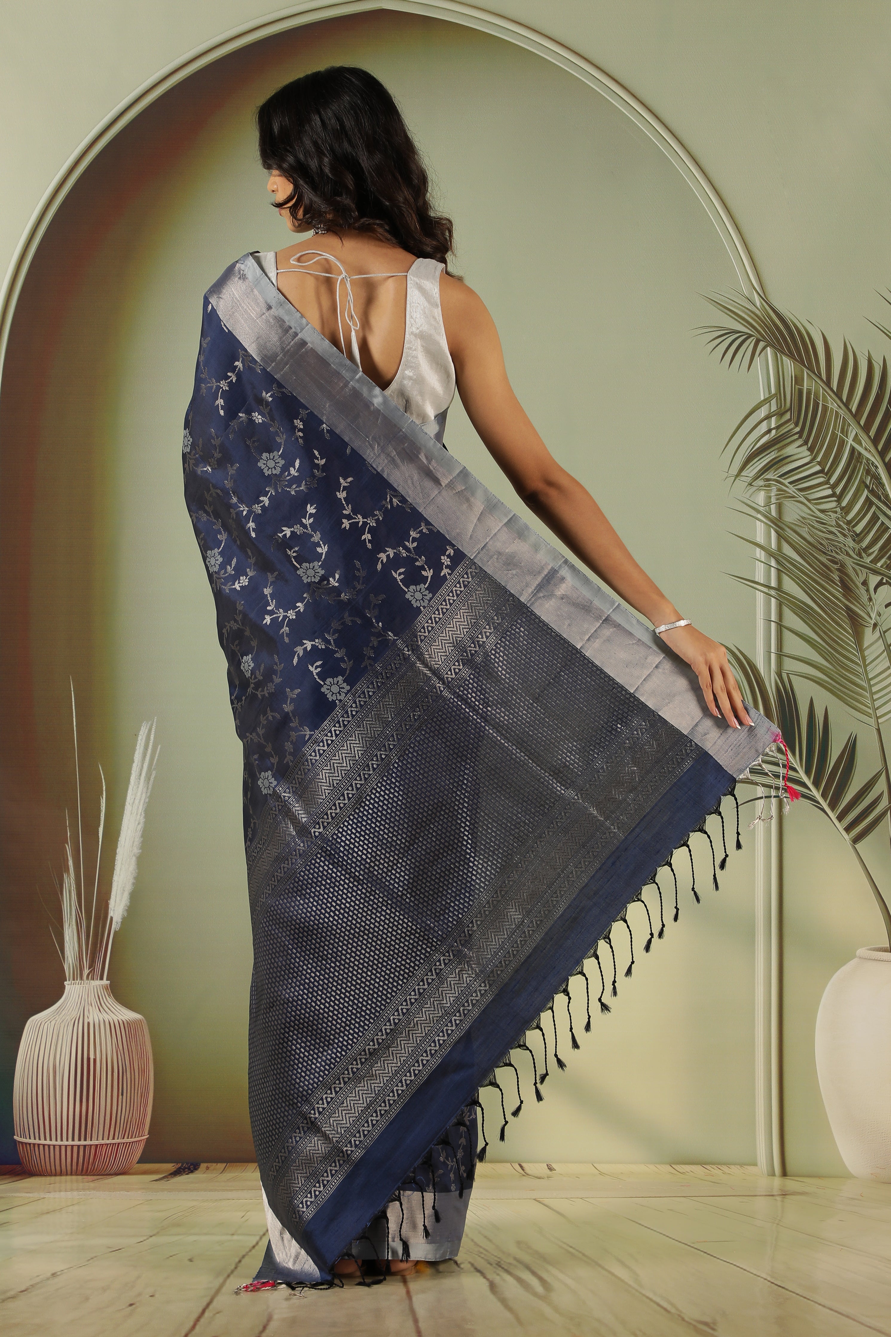 Midnight Blue Soft Silk Saree with Zari Jaal