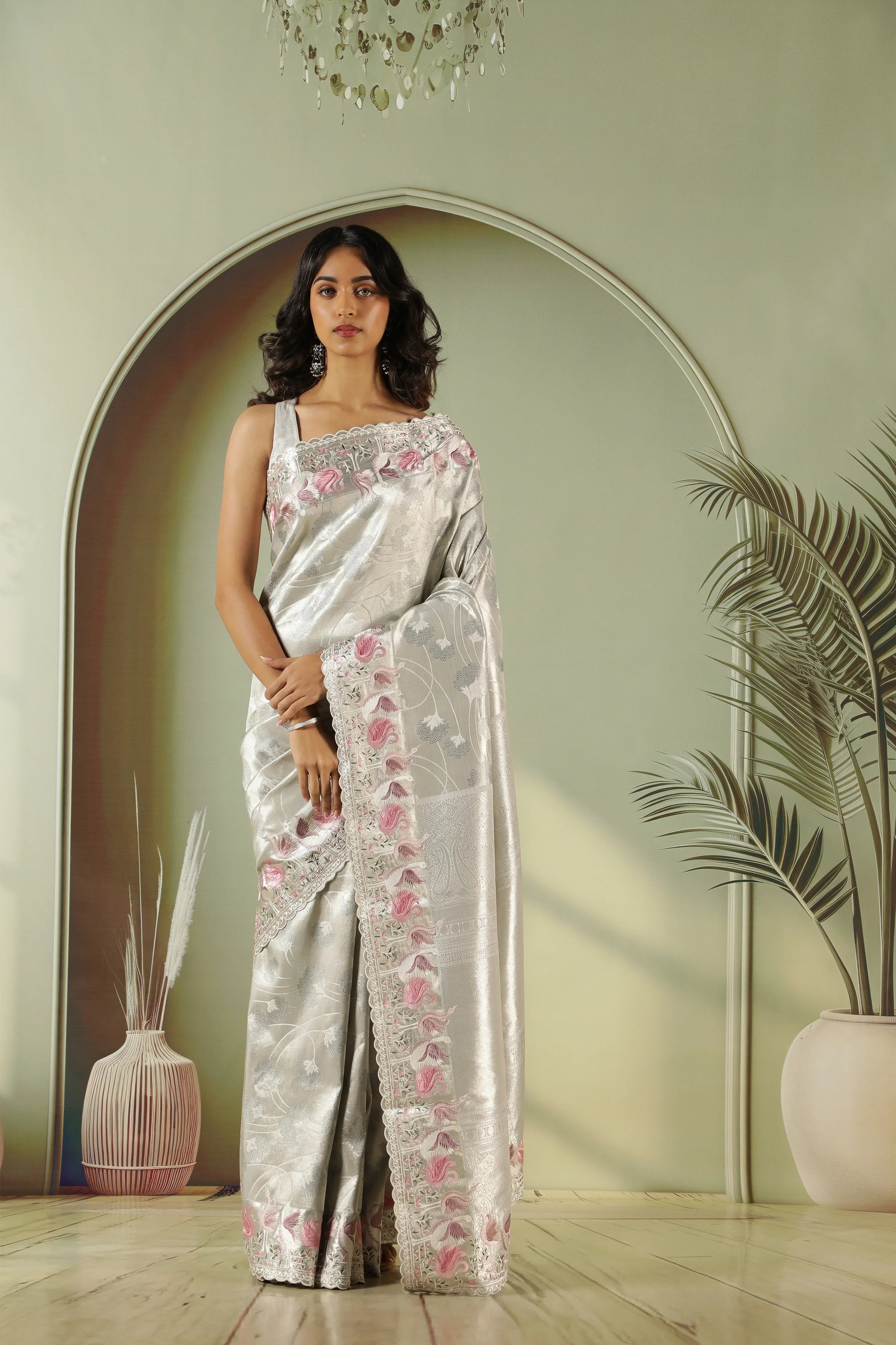 Silver Grey Kanchivaram Silk Saree with Zari Jaal | Mokshaa