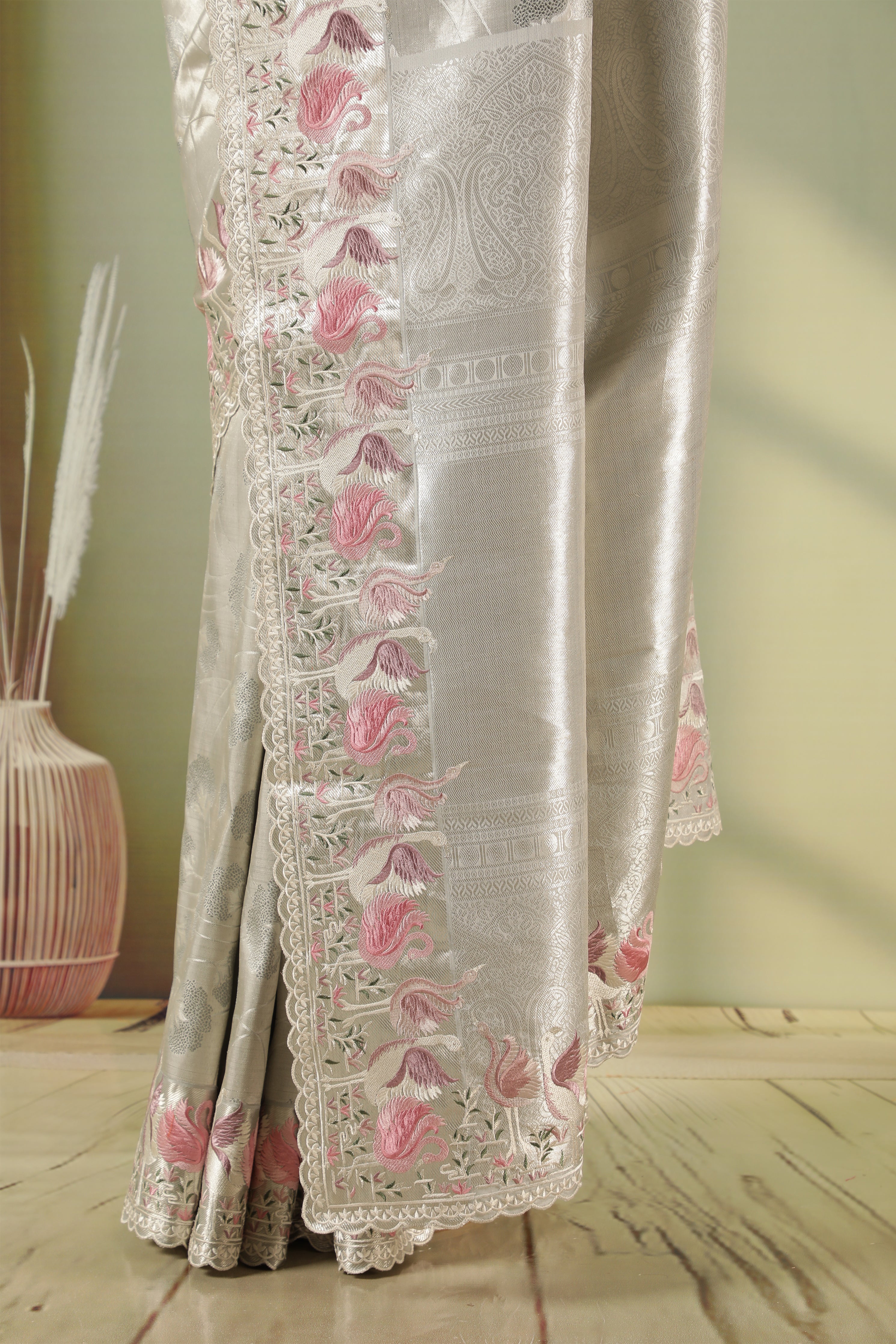 Silver Grey Kanchivaram Silk Saree with Zari Jaal