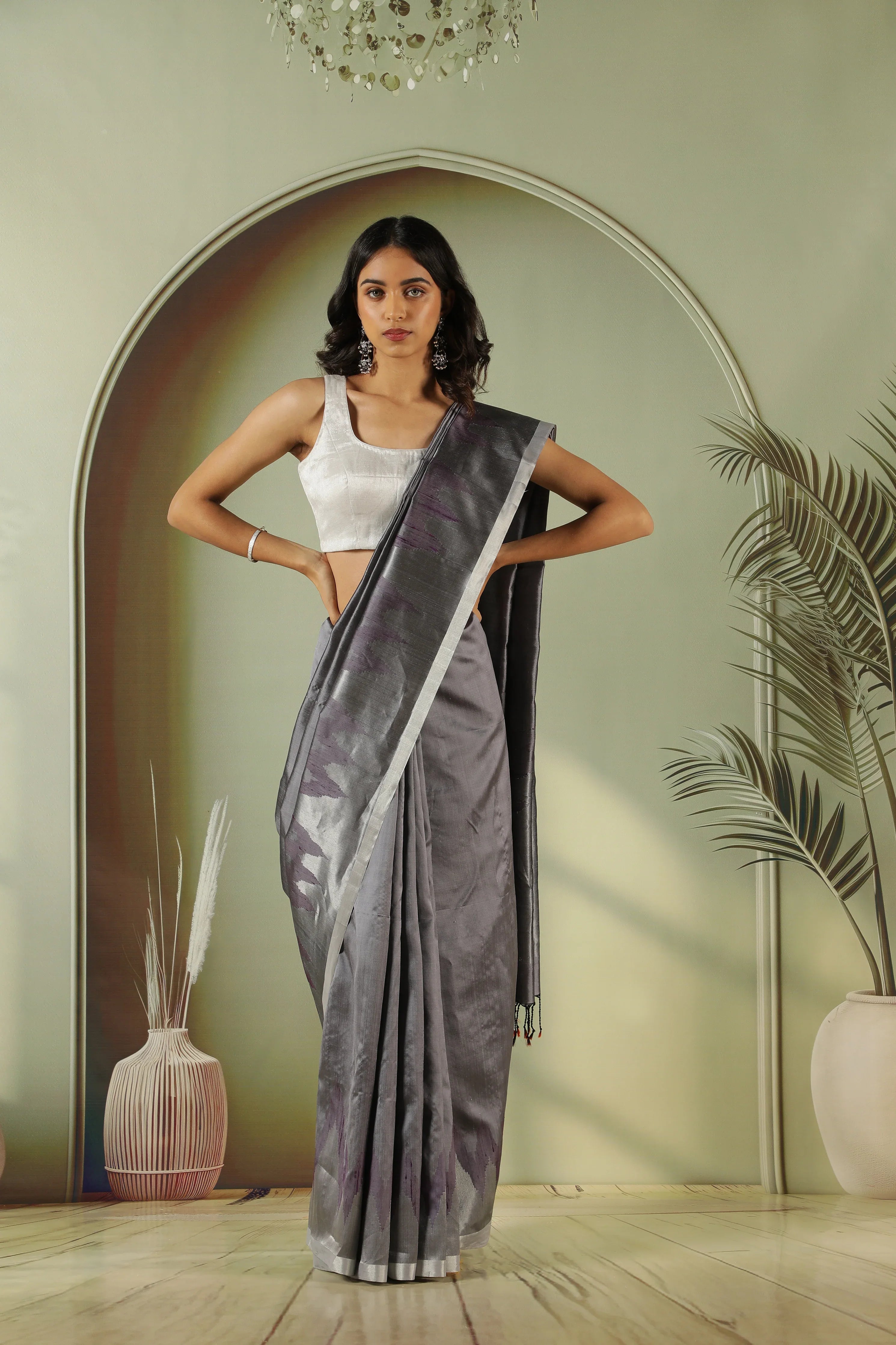 Grey Soft Silk Saree with Silver Zari & Thread Weaving and Self Blouse - Mokshaa