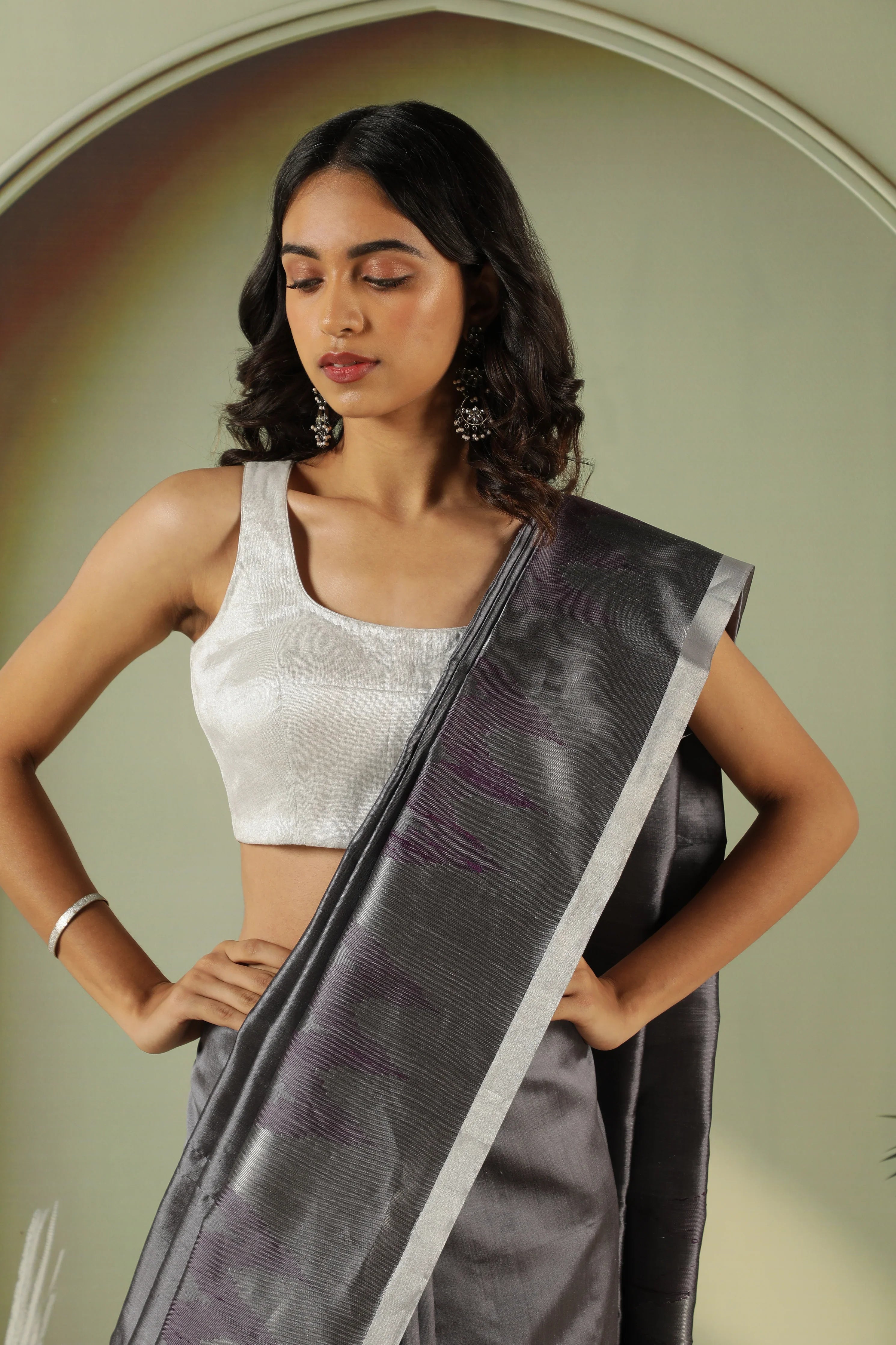 Grey Soft Silk Saree with Silver Zari & Thread Weaving and Self Blouse - Mokshaa