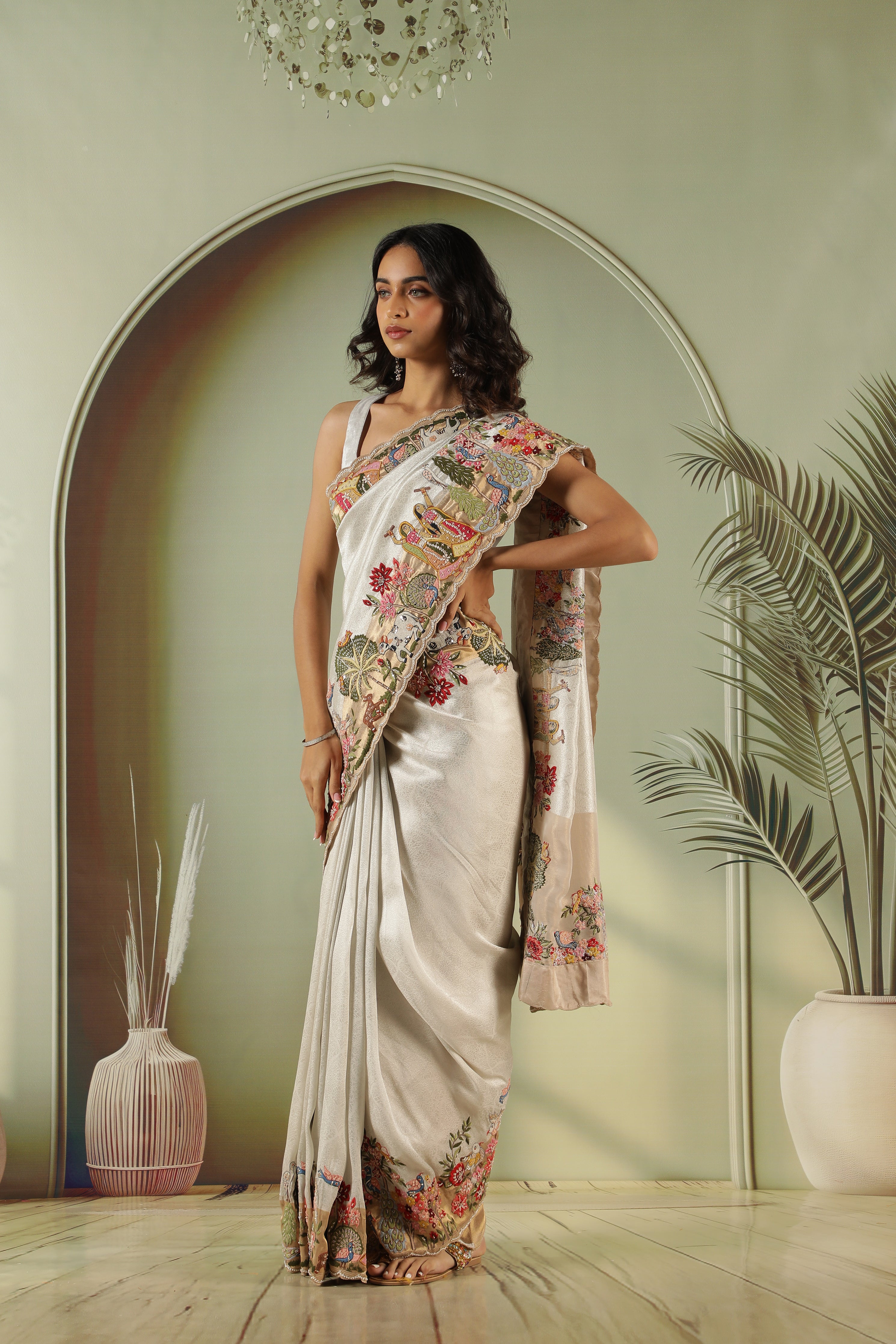 Silver Tissue Silk Saree with Multi-Color Embroidery Border & Gold Blouse