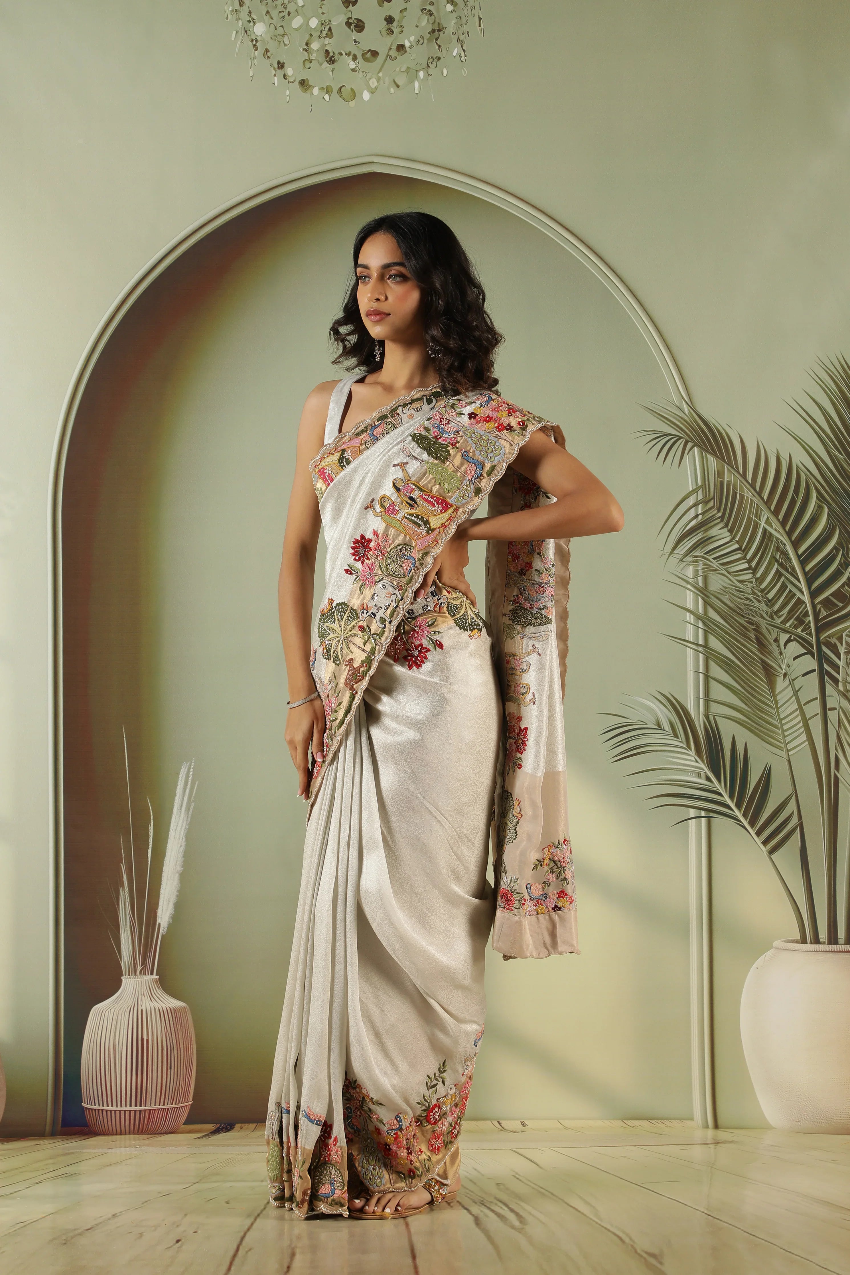 Silver Tissue Silk Saree with Multi-Color Embroidery Border & Gold Blouse | Mokshaa