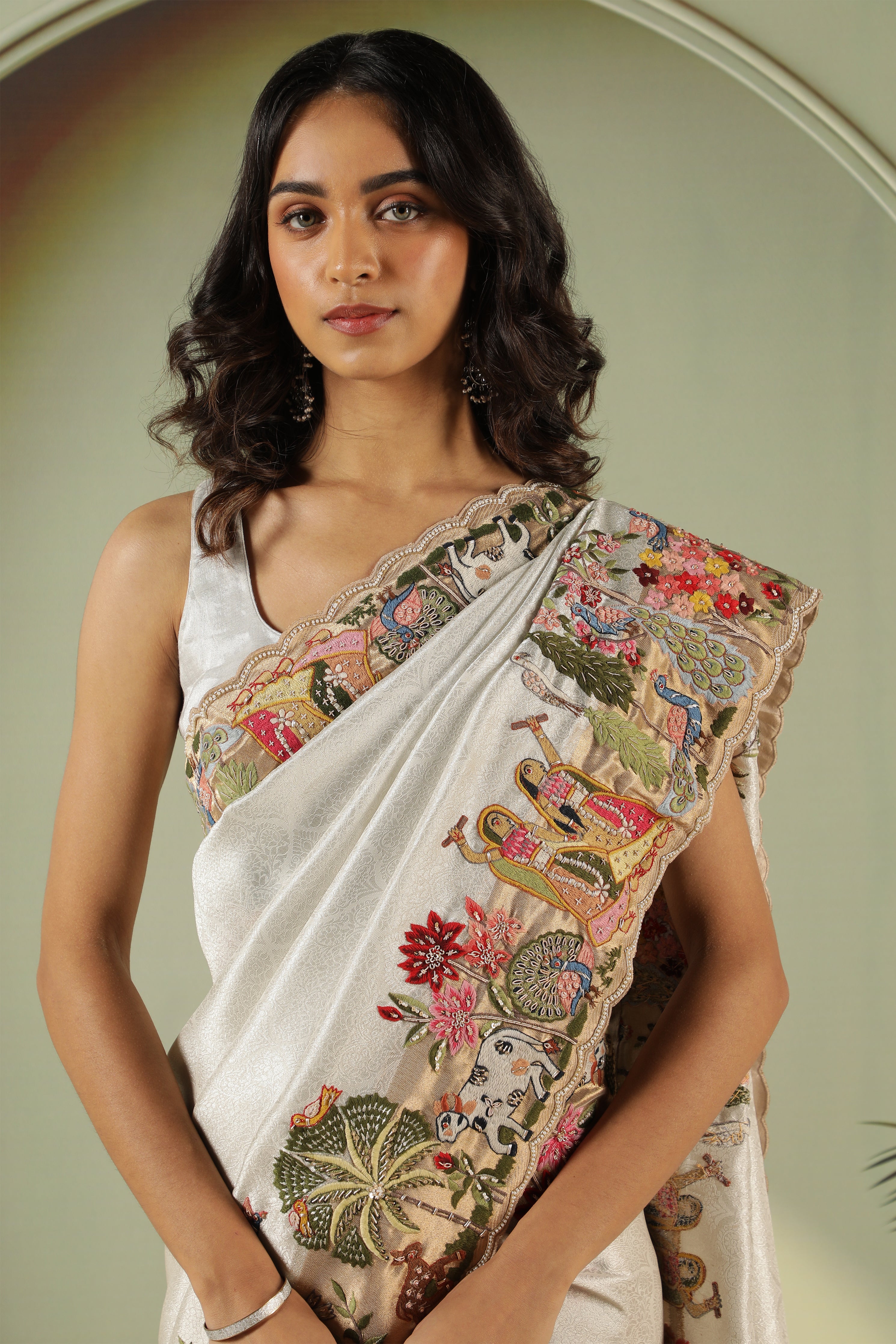 Silver Tissue Silk Saree with Multi-Color Embroidery Border & Gold Blouse
