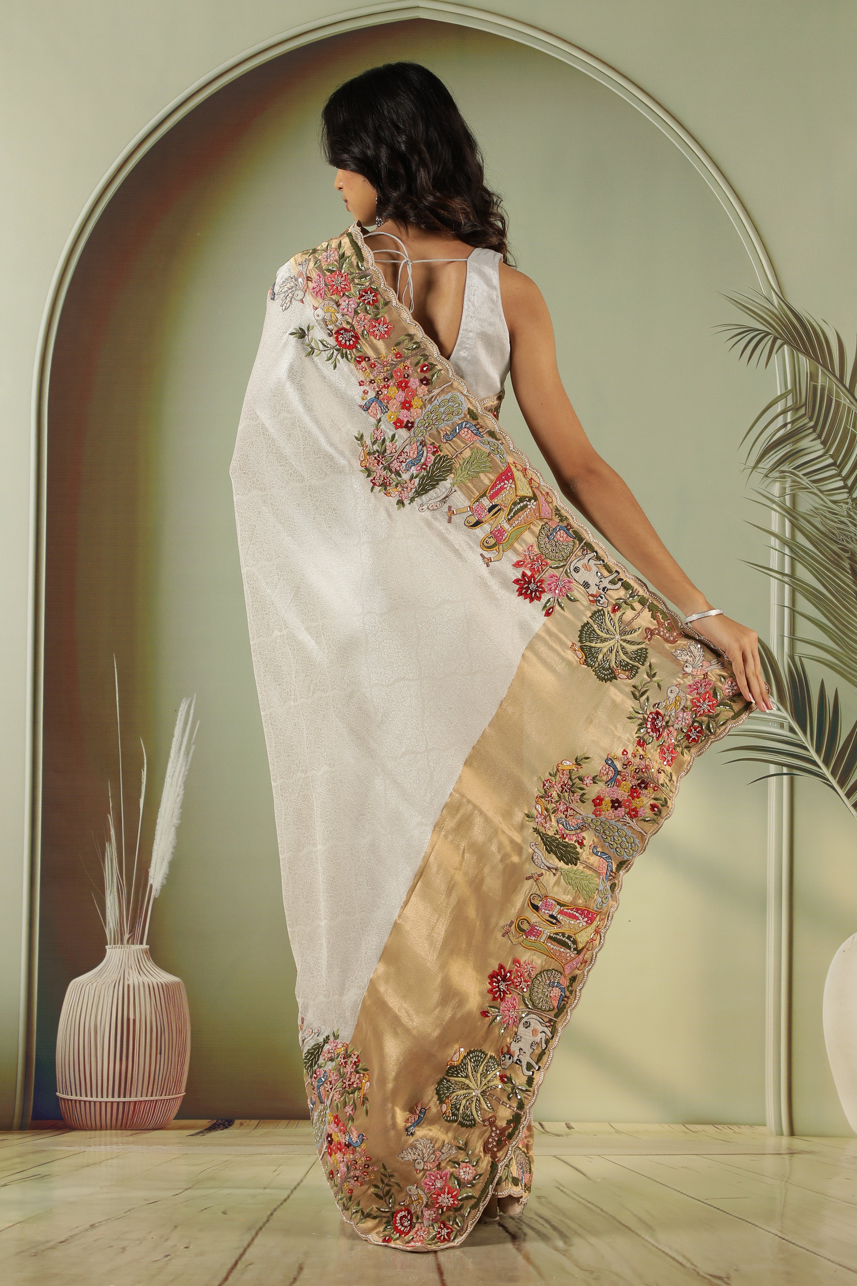Silver Tissue Silk Saree with Multi-Color Embroidery Border & Gold Blouse