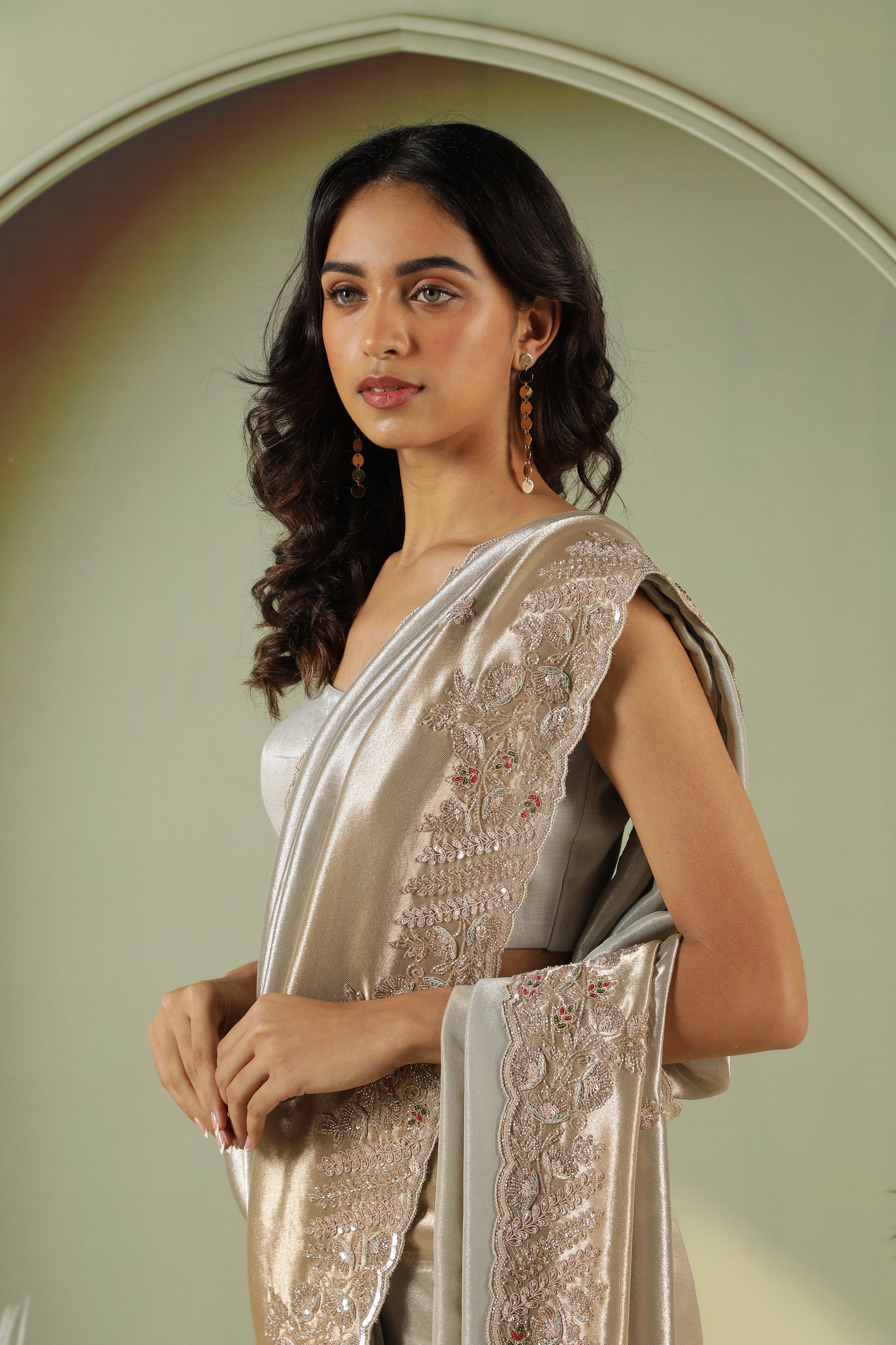 Silverish Grey Tissue Saree with Sequin & Bead Border