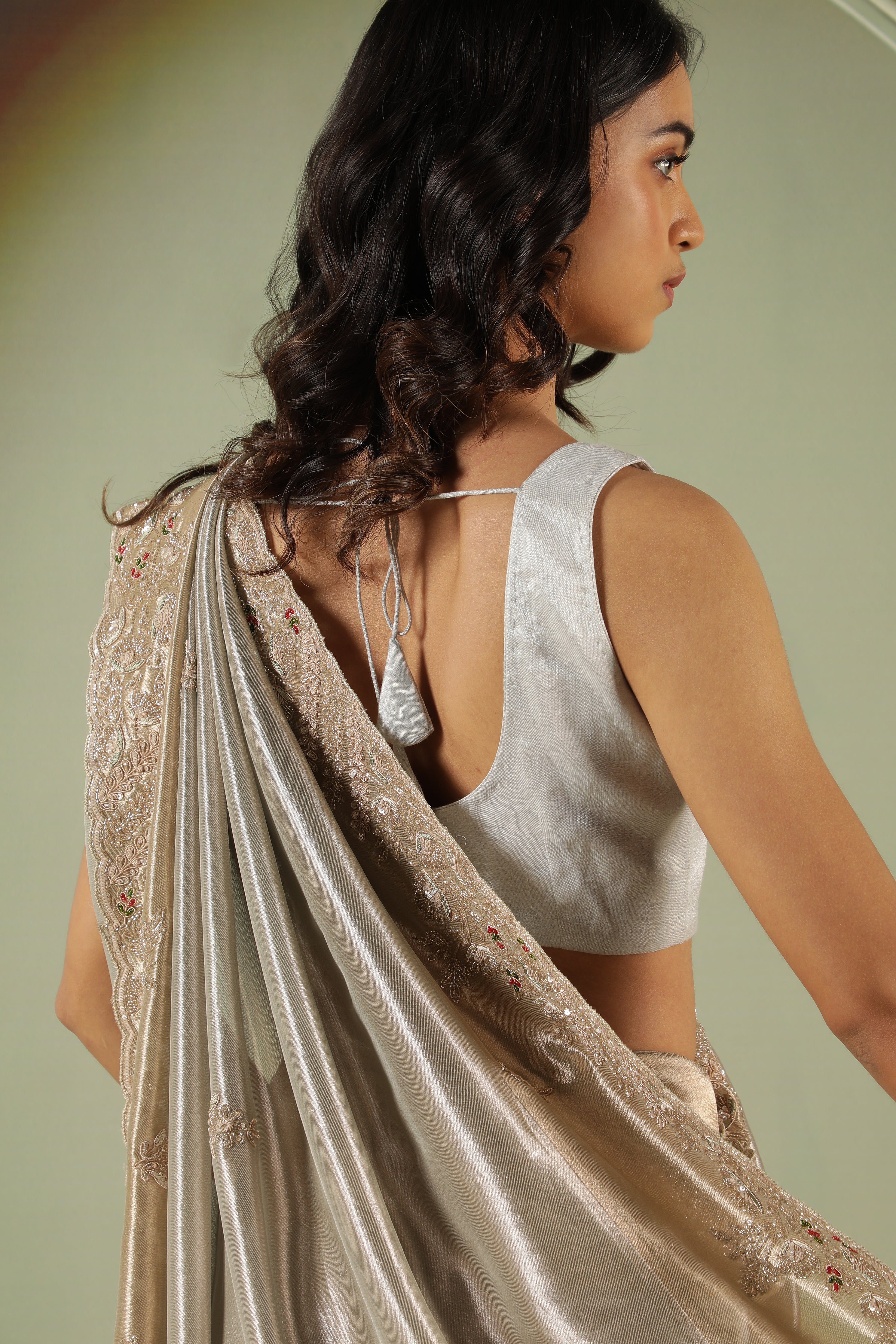 Silverish Grey Tissue Saree with Sequin & Bead Border