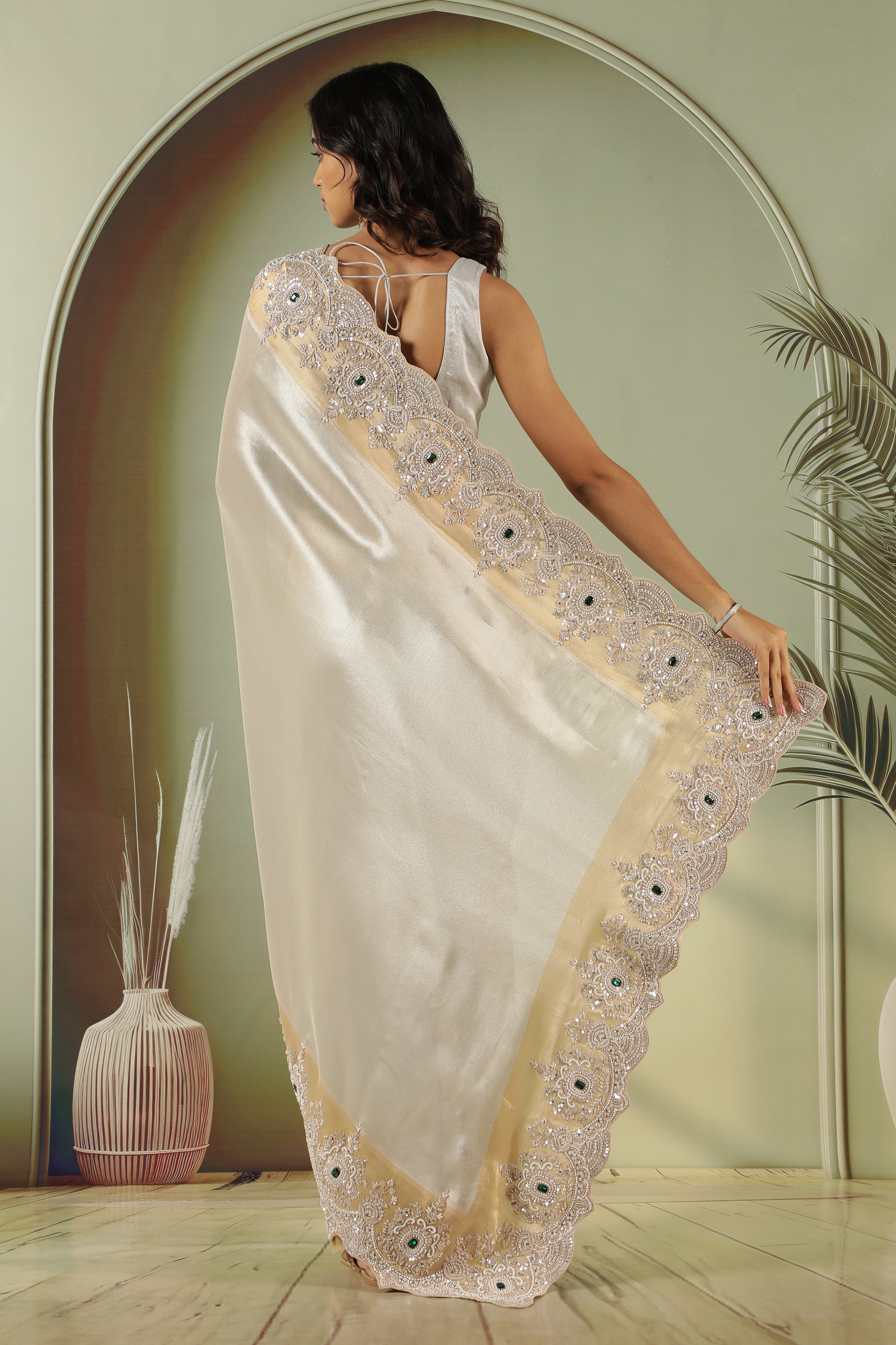 Silver Tissue Saree with Pearl & Sequin Work Border