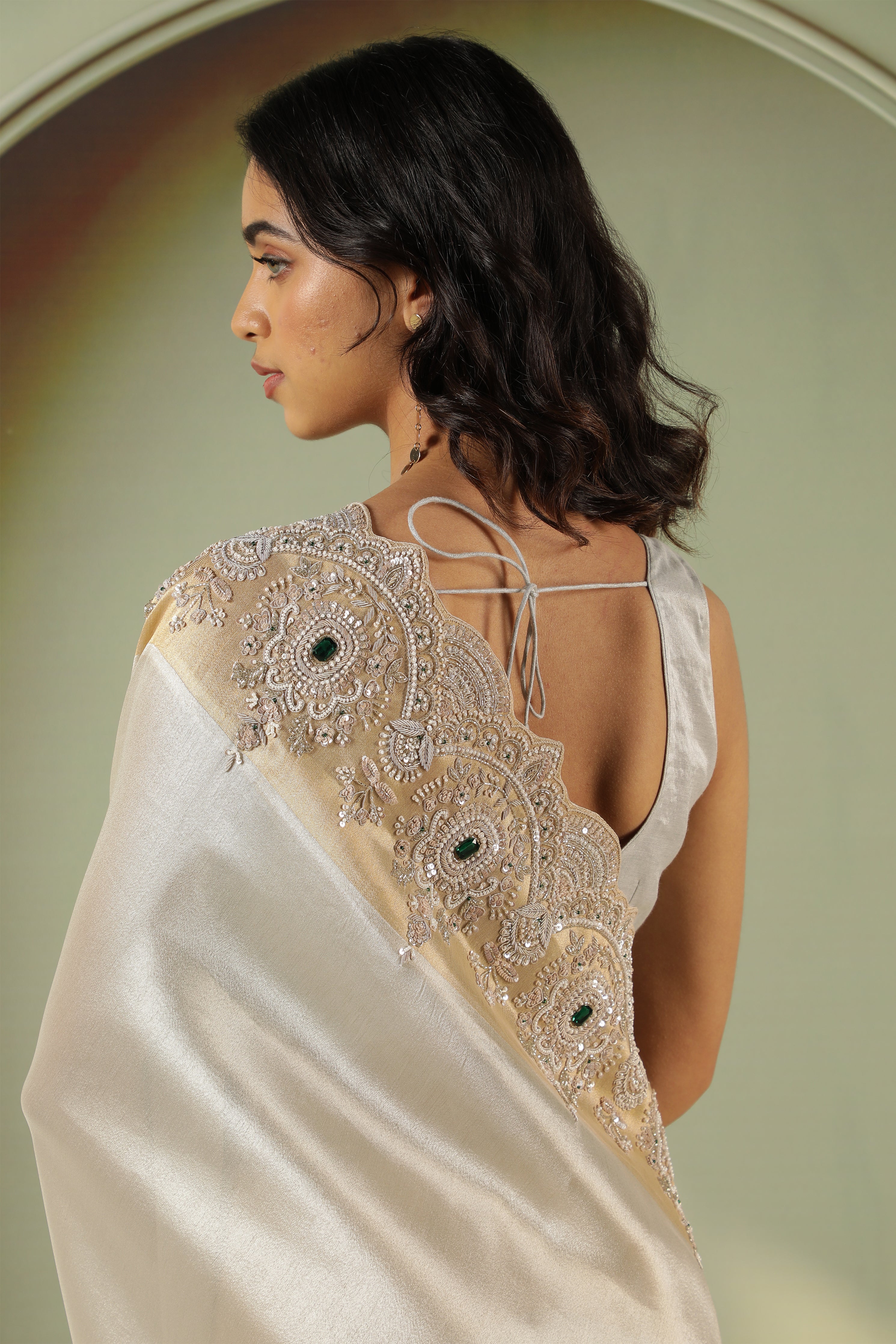 Silver Tissue Saree with Pearl & Sequin Work Border