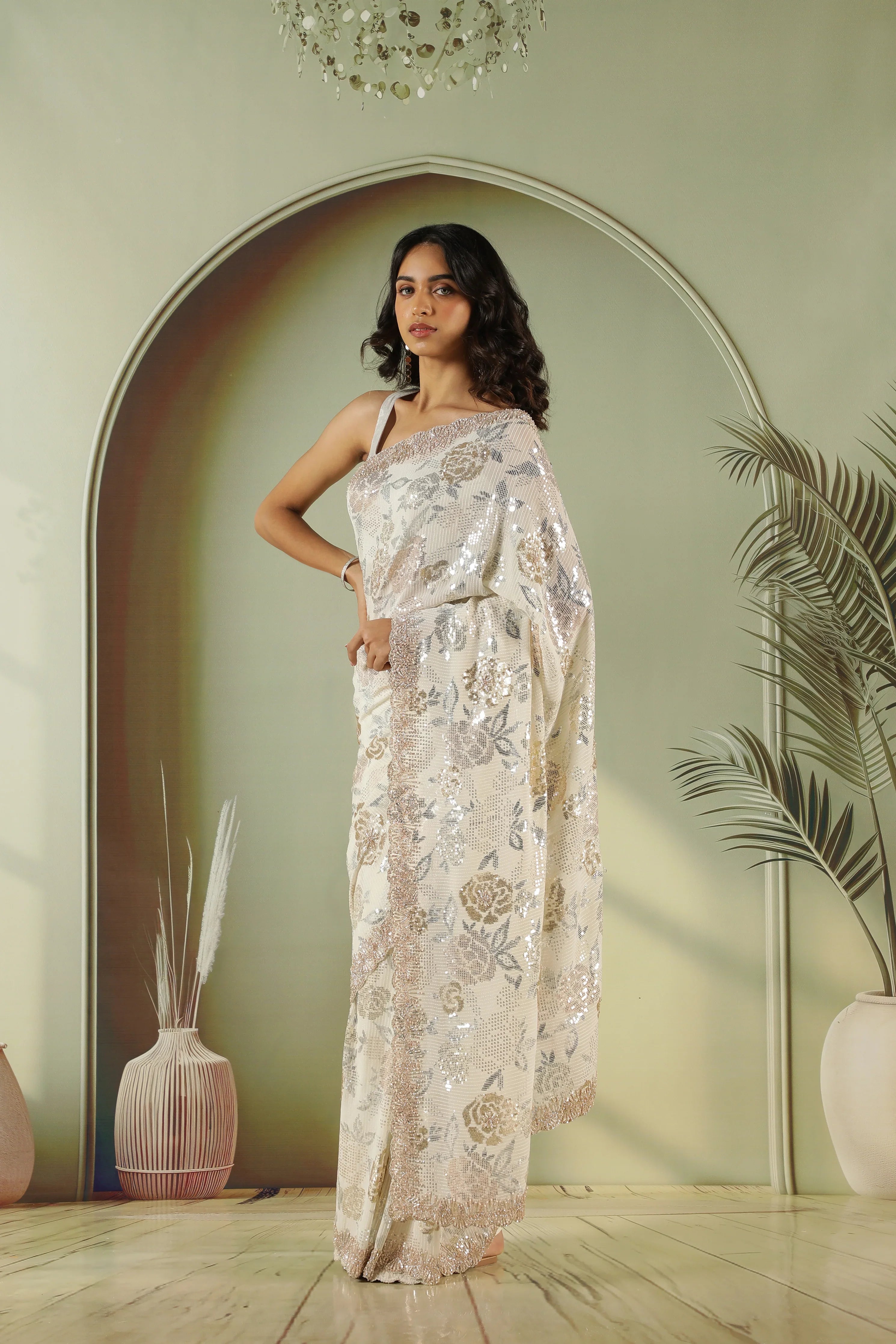 Off White Georgette Saree with Gold & Silver Sequin Jaal | Mokshaa