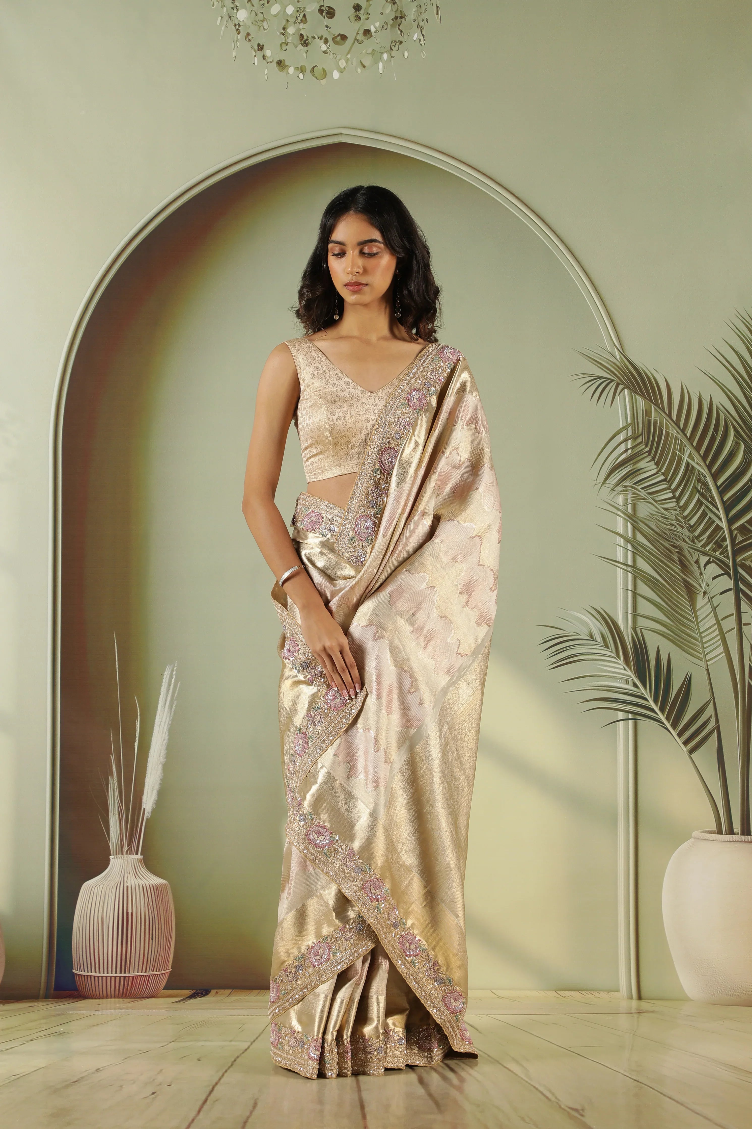 Gold & Pink Kanchivaram Silk Saree with Zari Weaving | Mokshaa