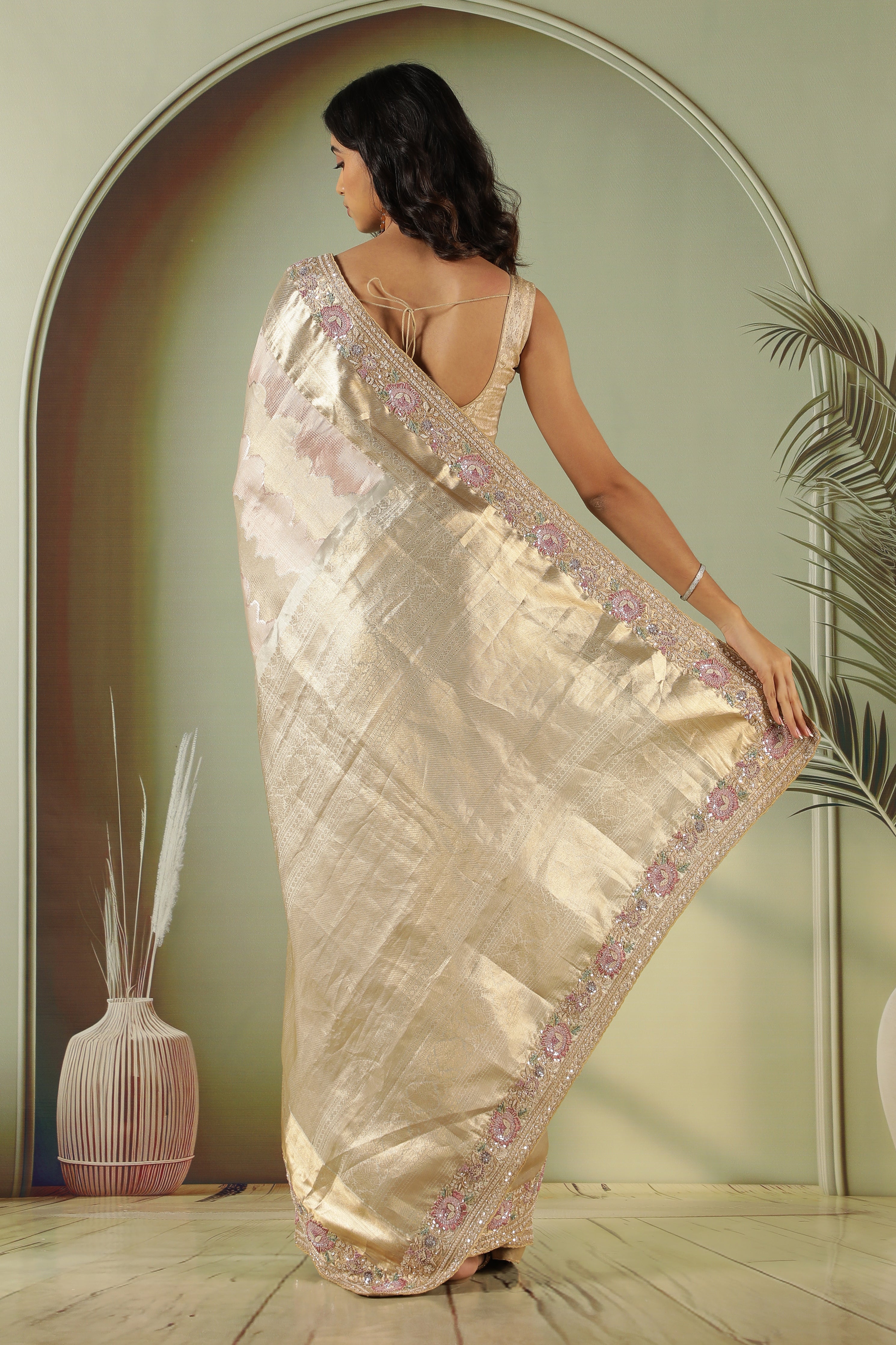 Gold & Pink Kanchivaram Silk Saree with Zari Weaving
