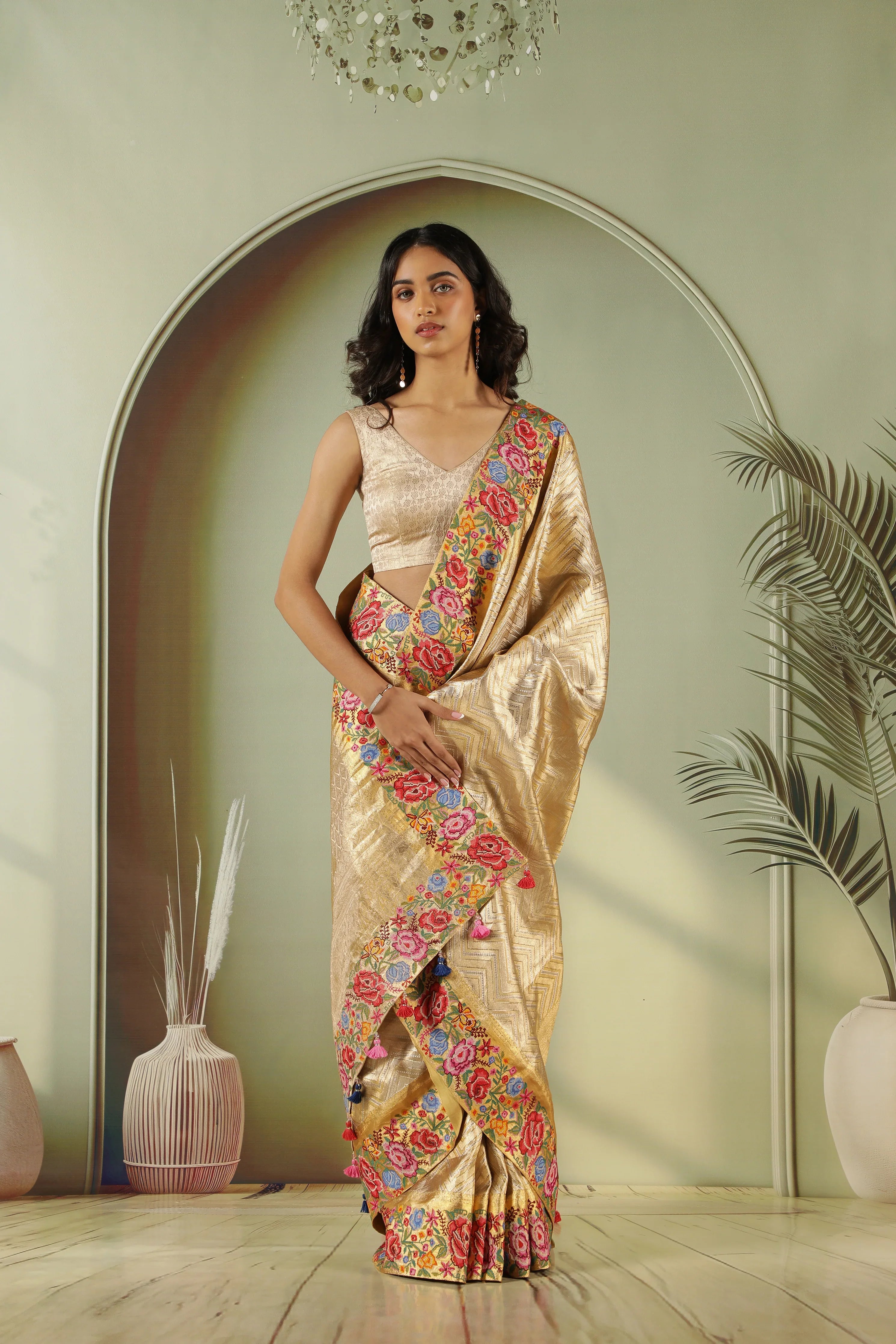 Gold Kanchivaram Silk Saree with Floral Convent Work | Mokshaa