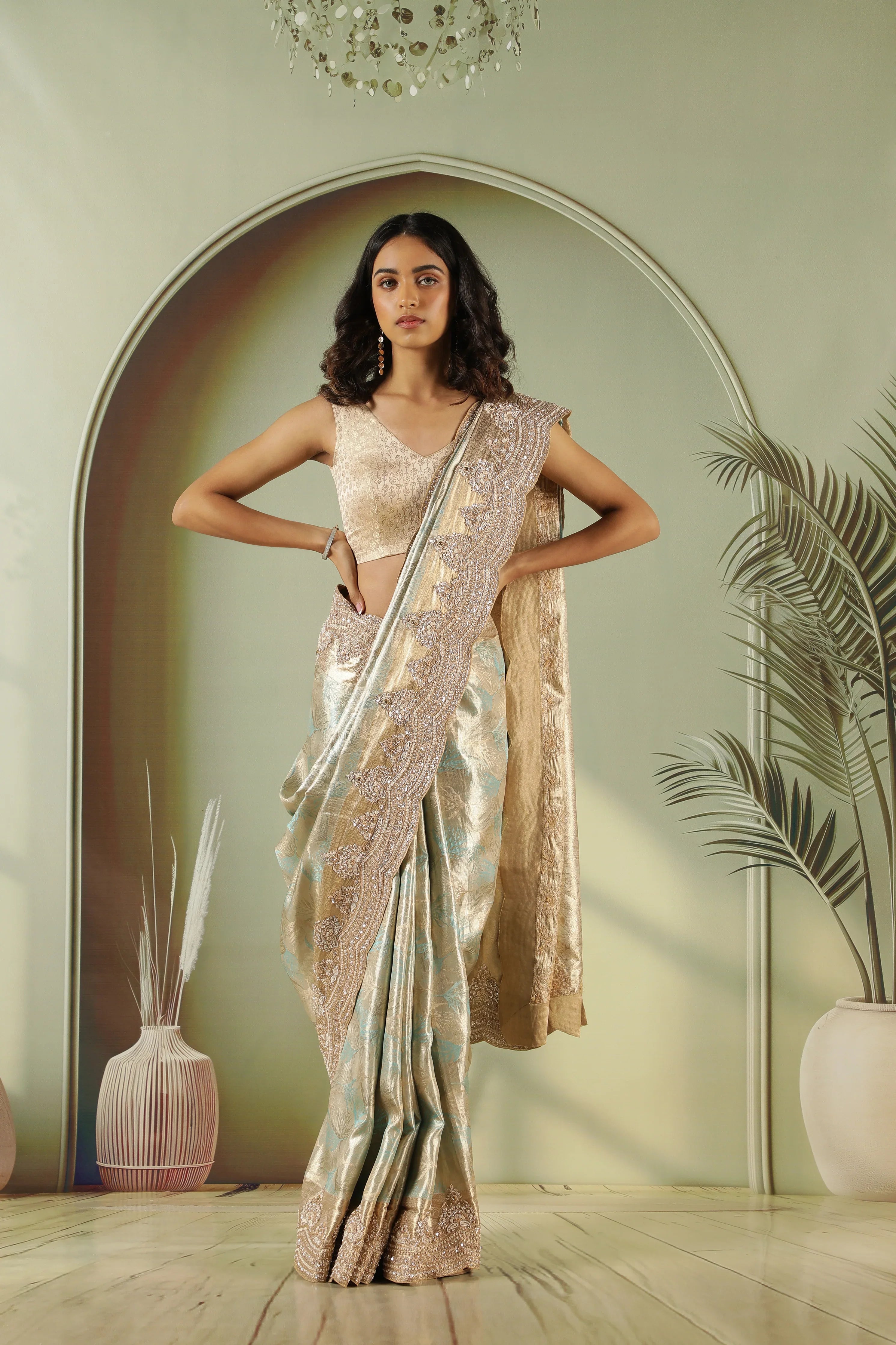 Silver Kanchivaram Silk Saree with Pearl Jardhosi Border | Mokshaa