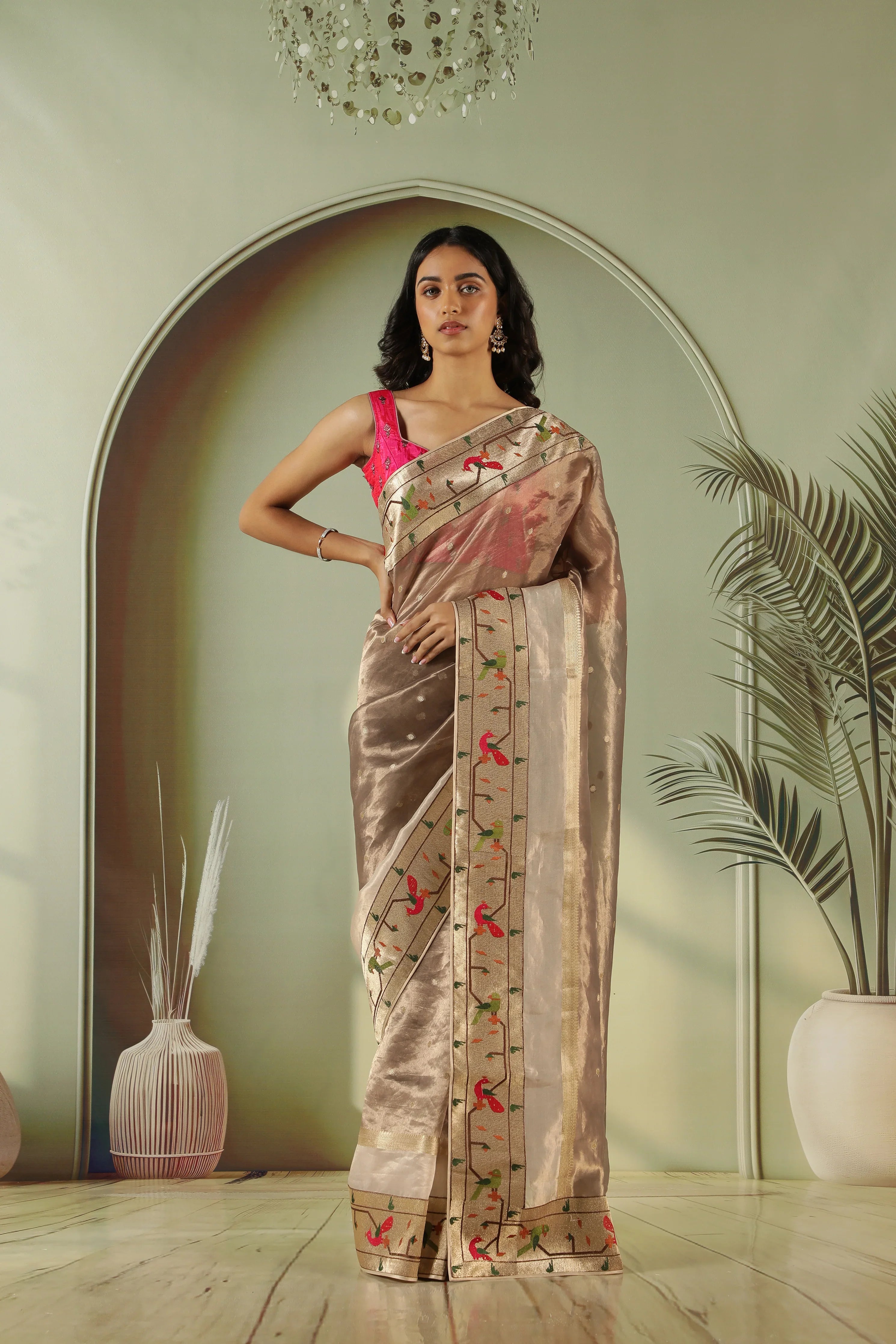 Elegant Grey Tissue Saree with Paithani Border & Contrast Red Blouse | Mokshaa