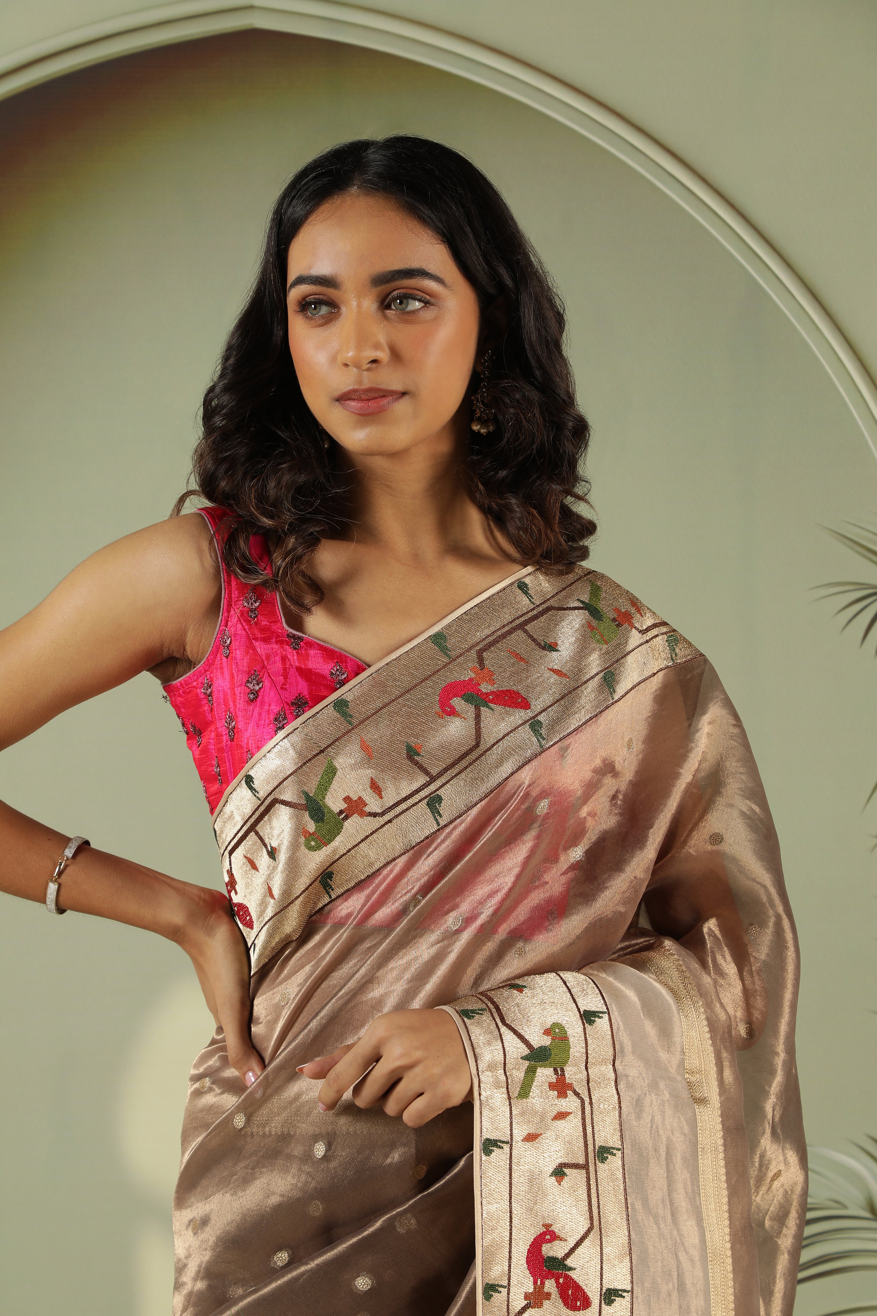 Elegant Grey Tissue Saree with Paithani Border & Contrast Red Blouse