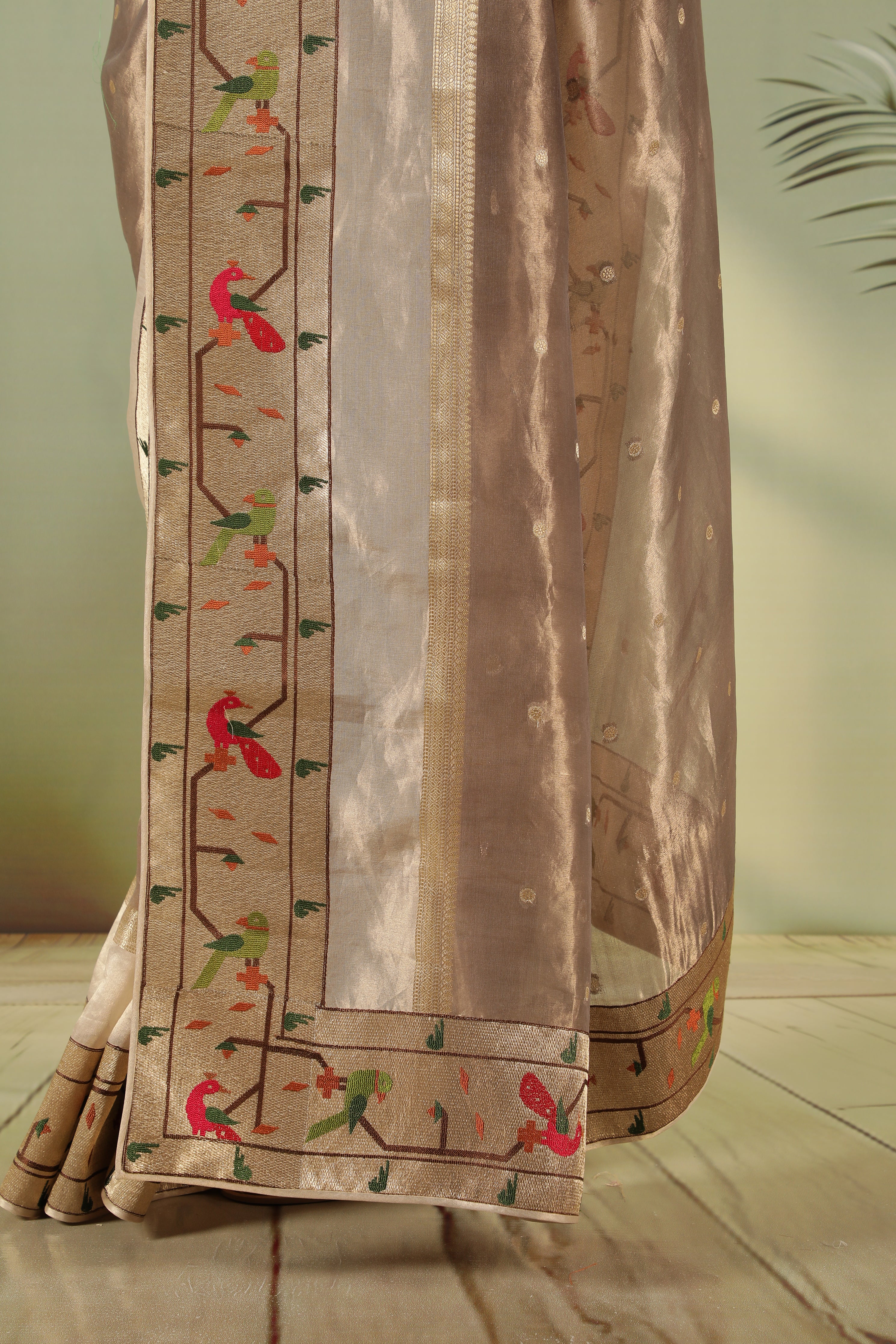 Elegant Grey Tissue Saree with Paithani Border & Contrast Red Blouse