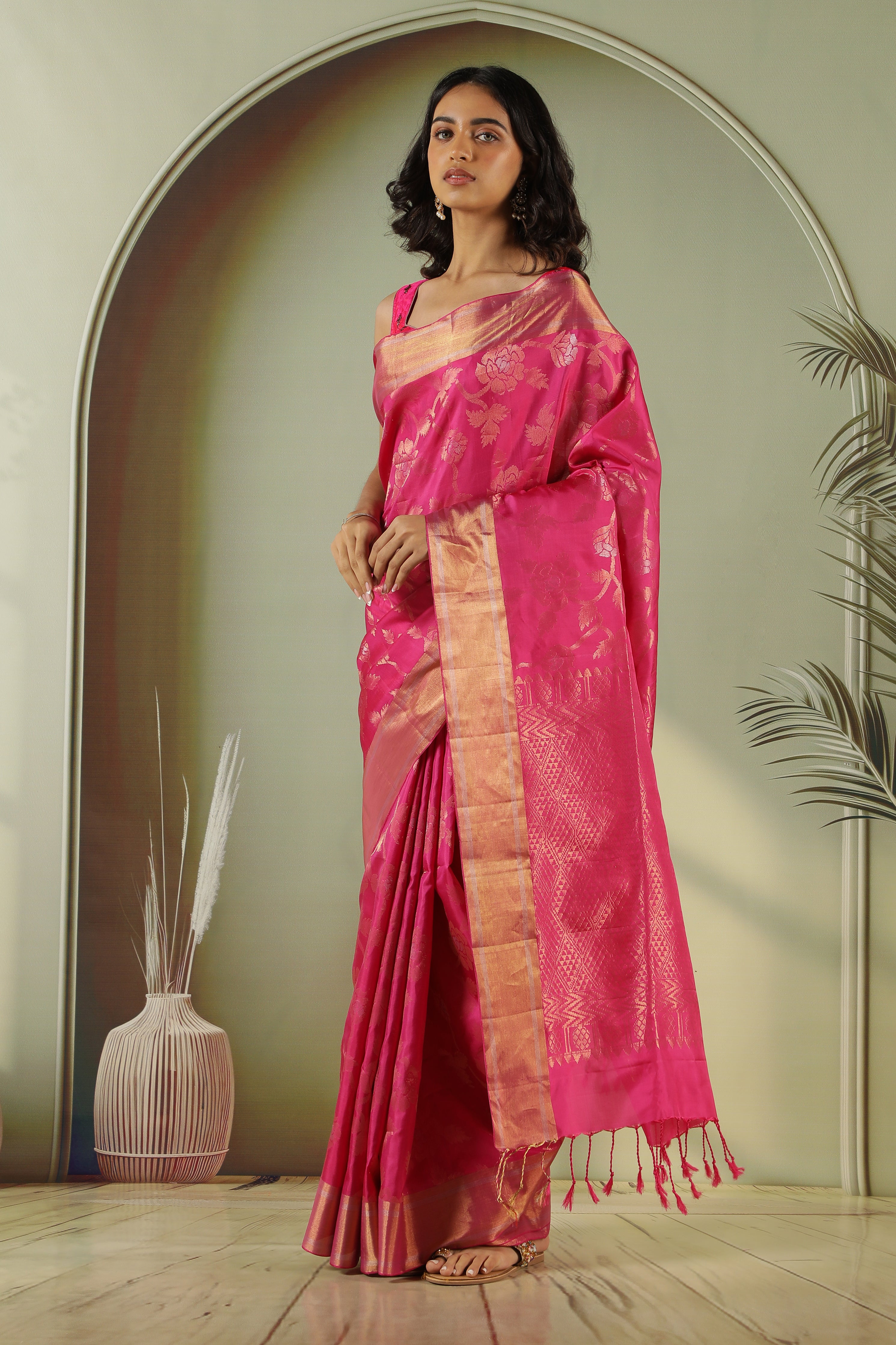 Rani Pink Soft Silk Saree with All-Over Zari Jaal & Border