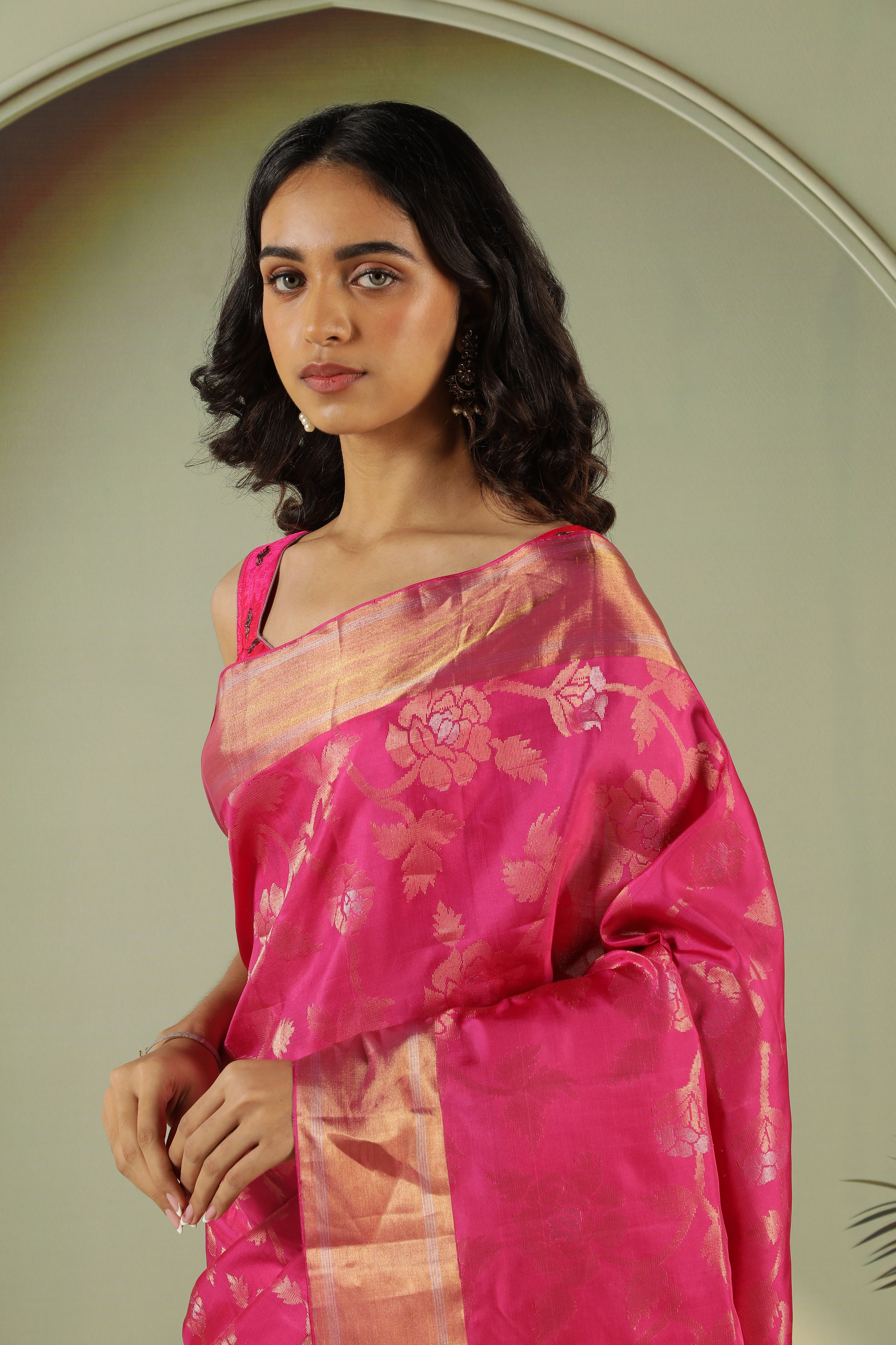Rani Pink Soft Silk Saree with All-Over Zari Jaal & Border