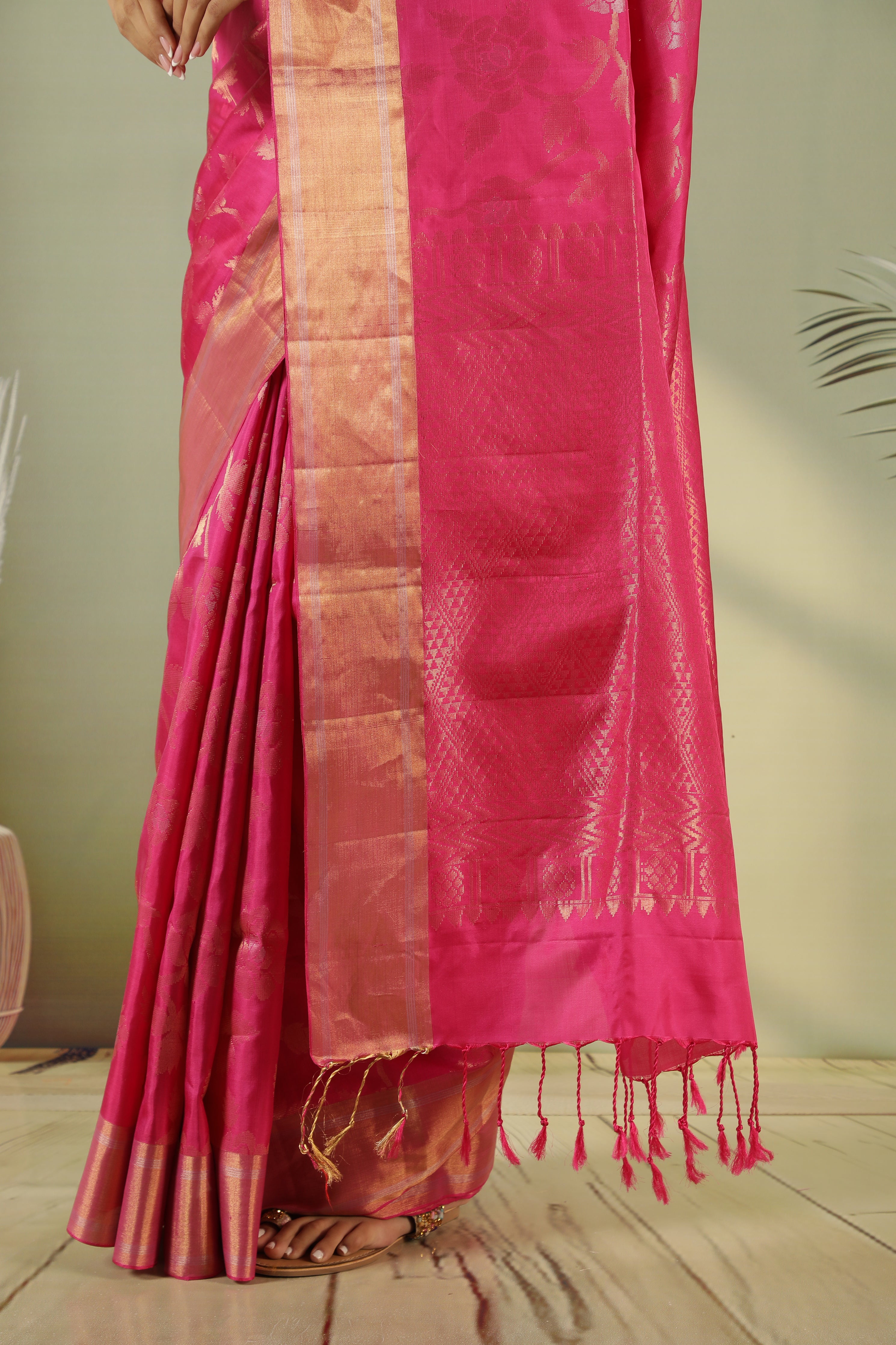 Rani Pink Soft Silk Saree with All-Over Zari Jaal & Border