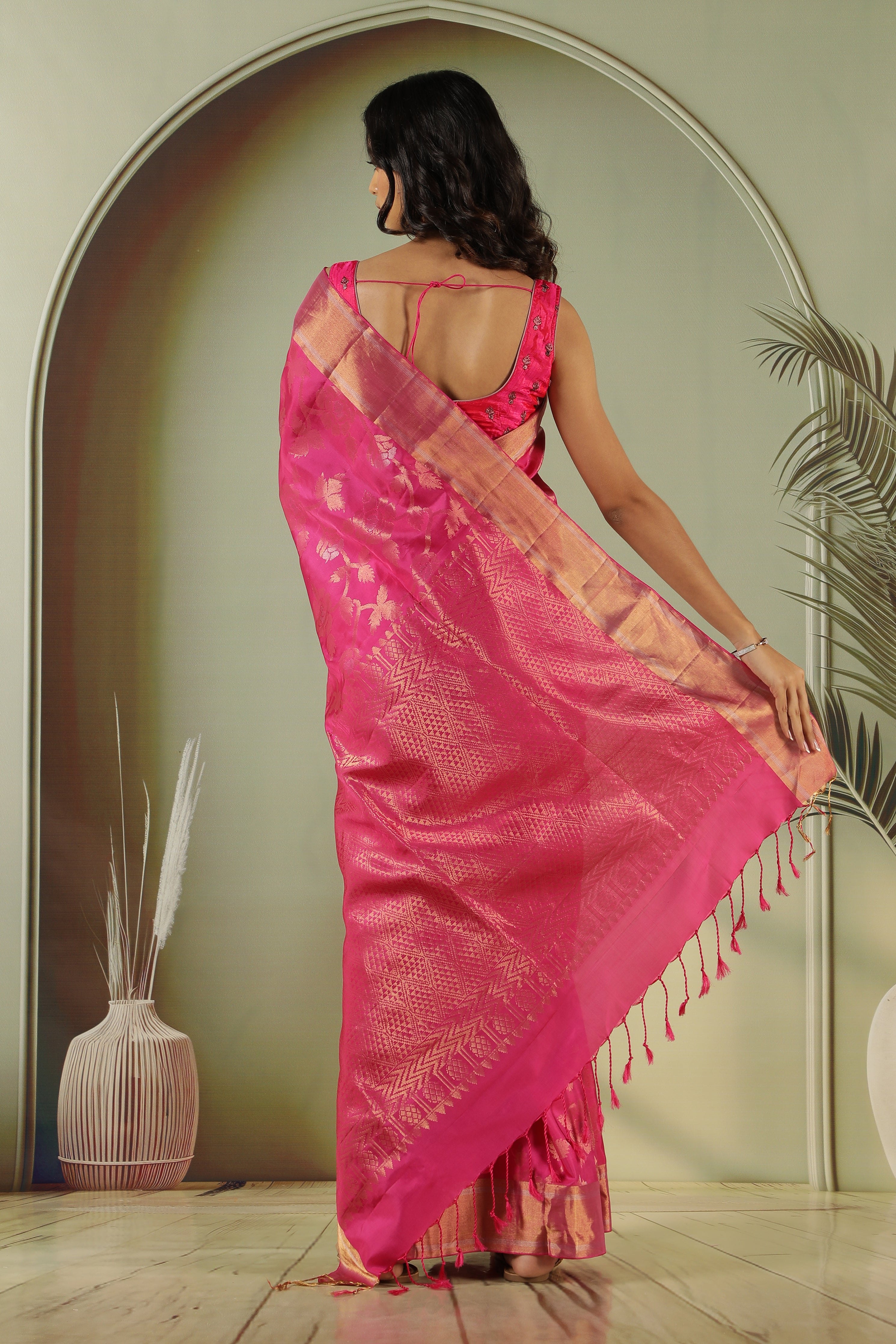 Rani Pink Soft Silk Saree with All-Over Zari Jaal & Border