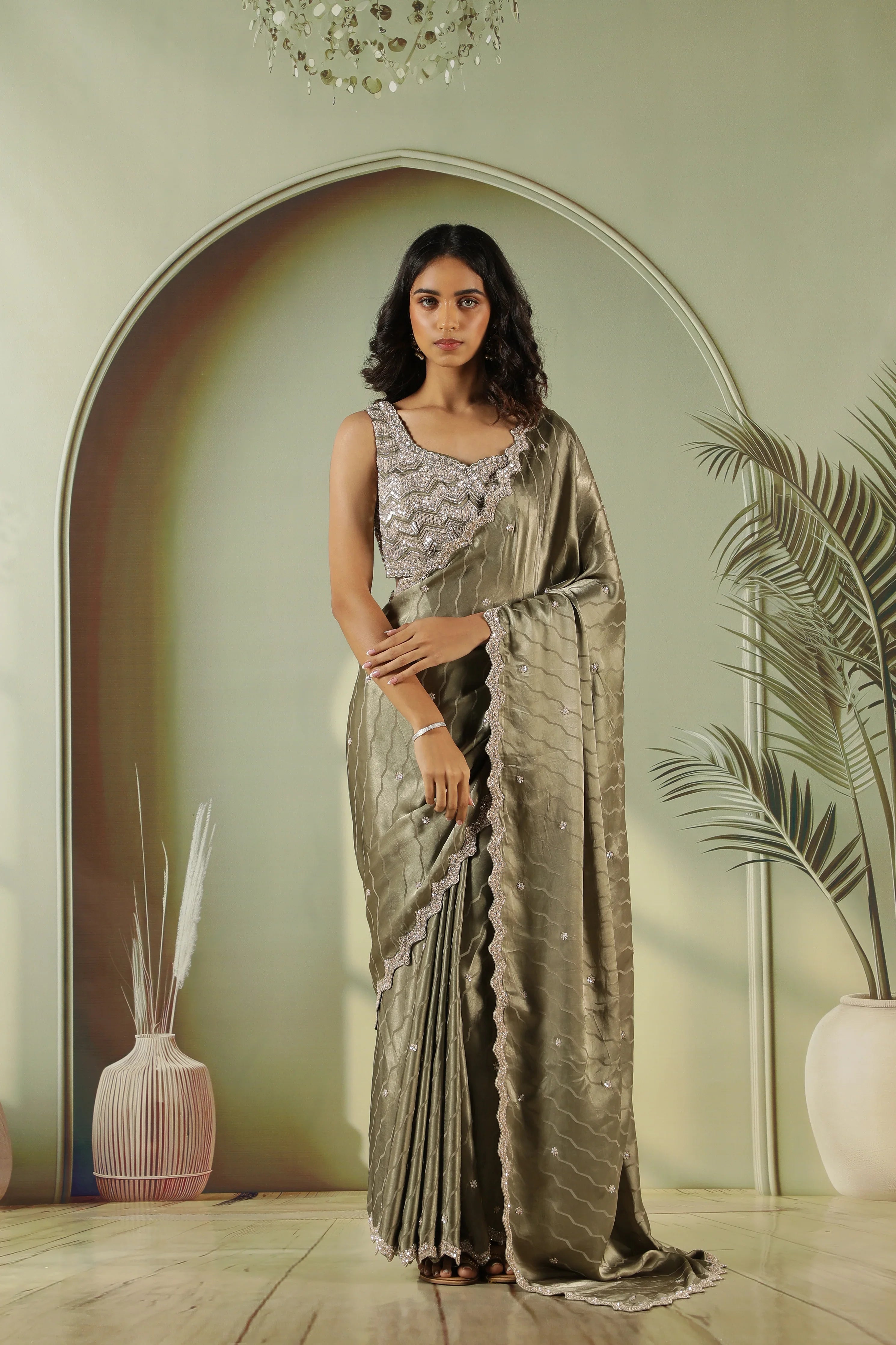 Dusty Green Satin Saree with Sequin Butti & Embroidered Border | Mokshaa
