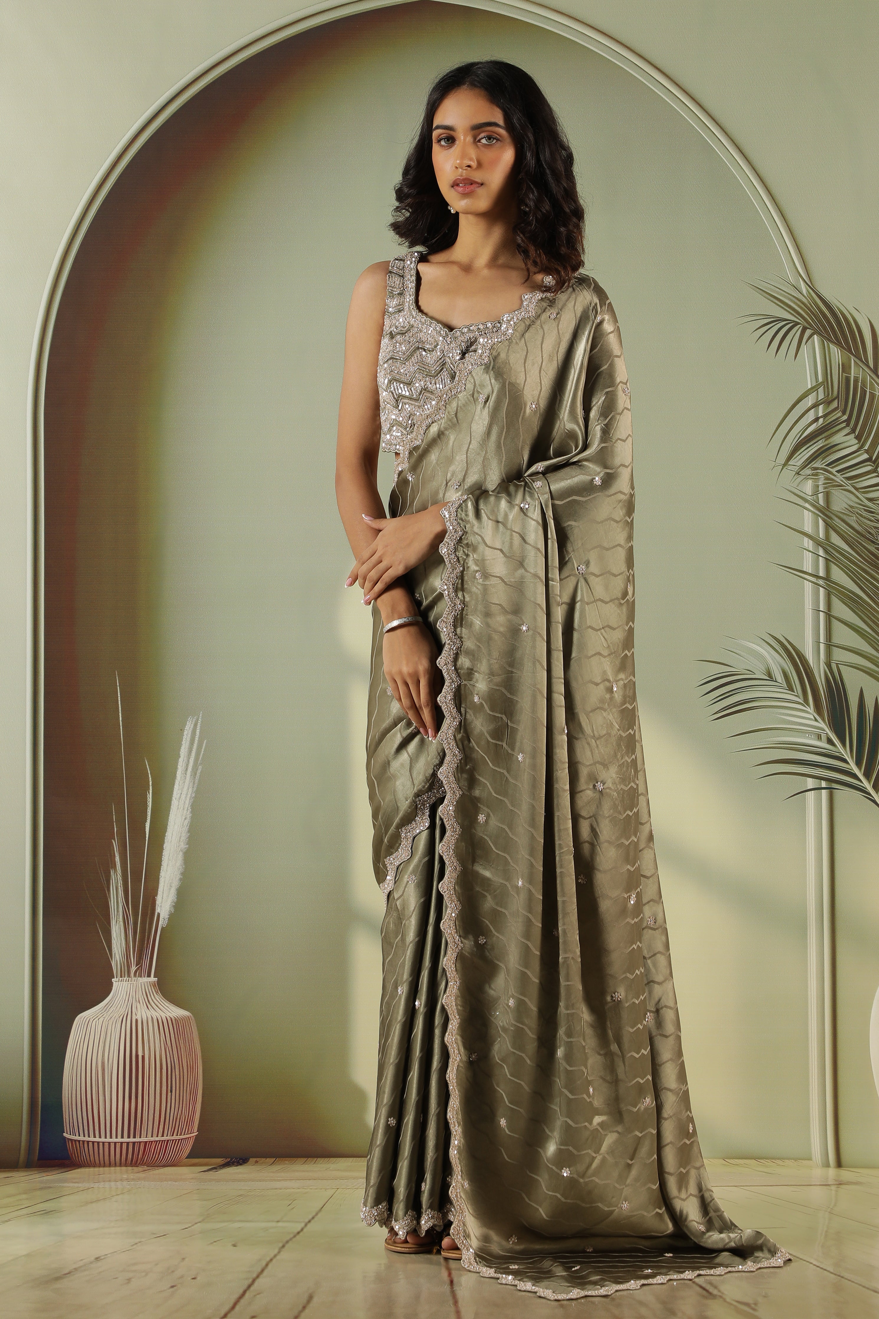 Dusty Green Satin Saree with Sequin Butti & Embroidered Border